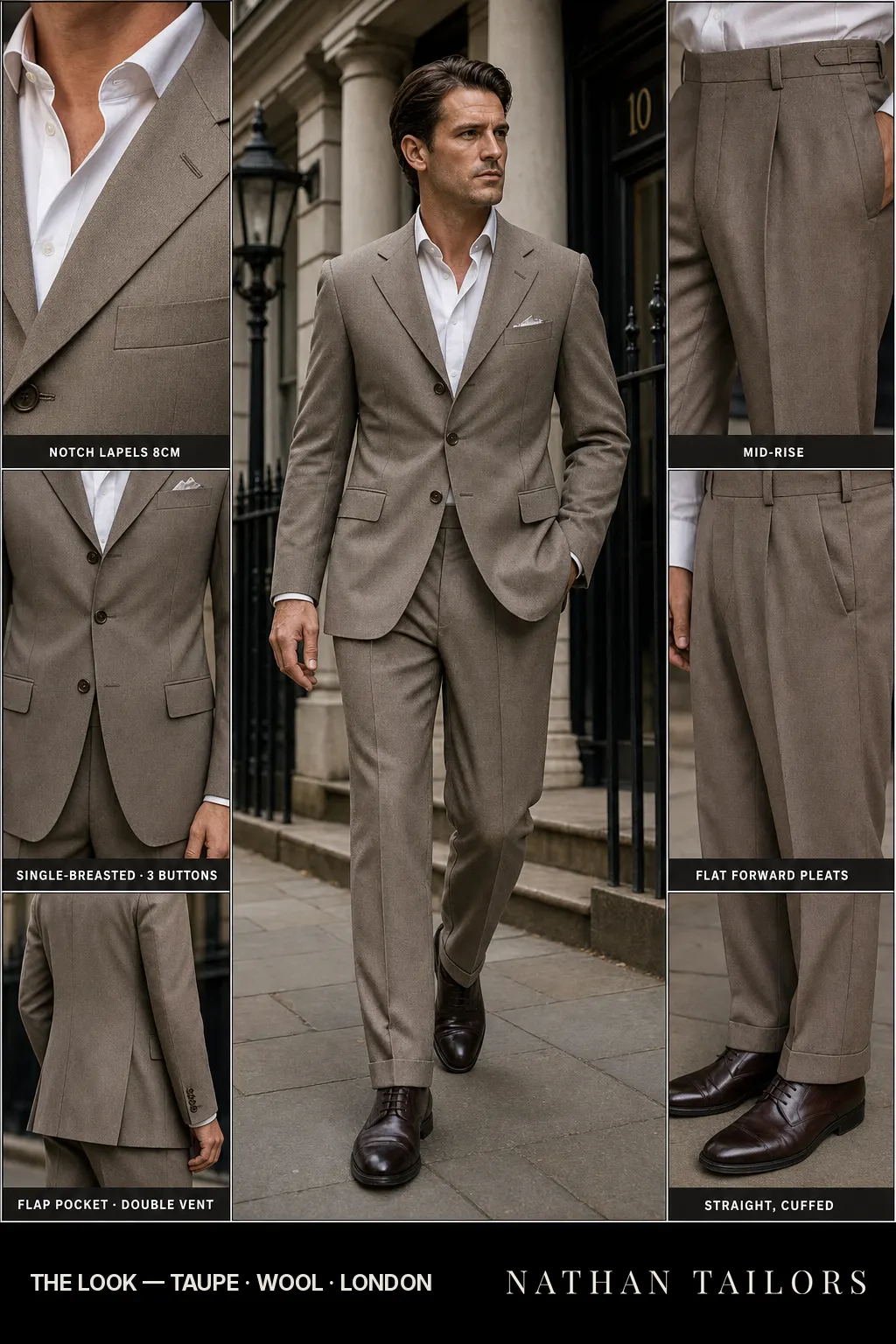 taupe single-breasted notch-lapel bespoke suit — AI-rendered by Nathan Tailors, the Hoi An custom tailor. Available as a custom tailored suit from $149.