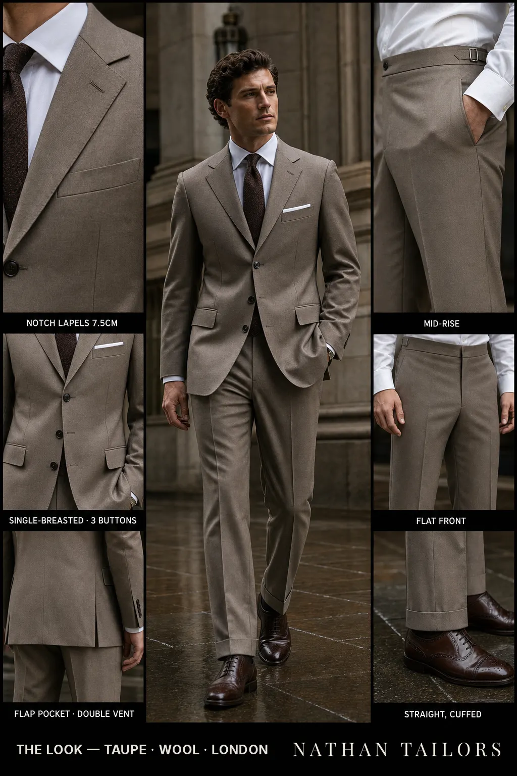 taupe single-breasted notch-lapel bespoke suit — AI-rendered by Nathan Tailors, the Hoi An custom tailor. Available as a custom tailored suit from $149.