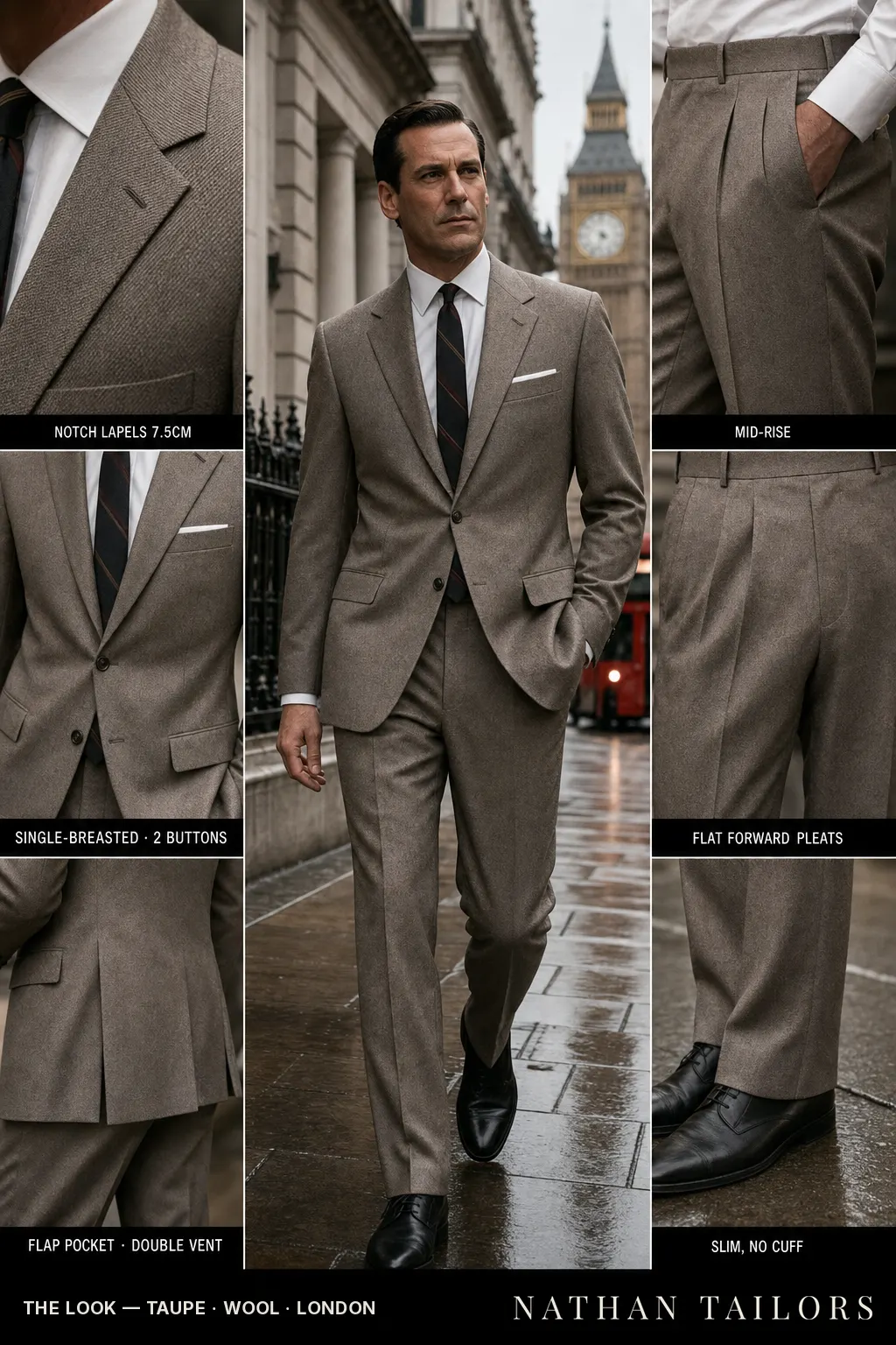 taupe single-breasted notch-lapel bespoke suit — AI-rendered by Nathan Tailors, the Hoi An custom tailor. Available as a custom tailored suit from $149.