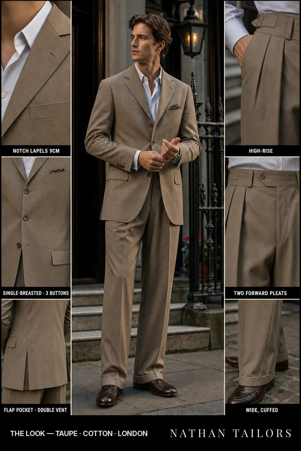 taupe single-breasted notch-lapel bespoke suit — AI-rendered by Nathan Tailors, the Hoi An custom tailor. Available as a custom tailored suit from $149.