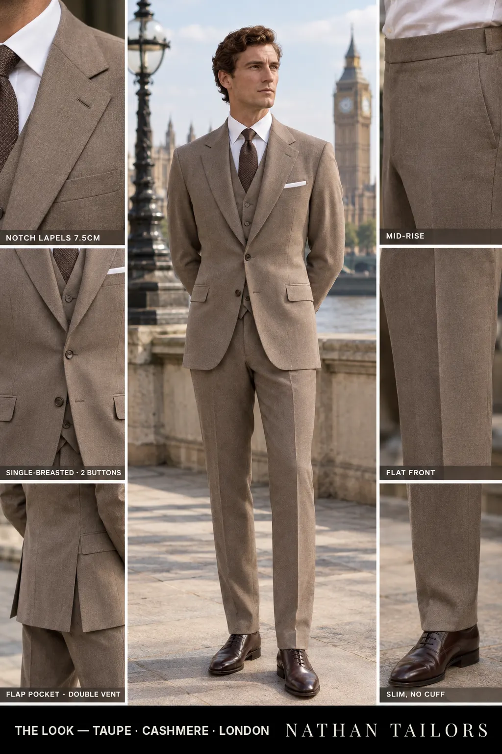 Taupe single-breasted bespoke suit — custom tailored by Nathan Tailors, the Hoi An custom tailor