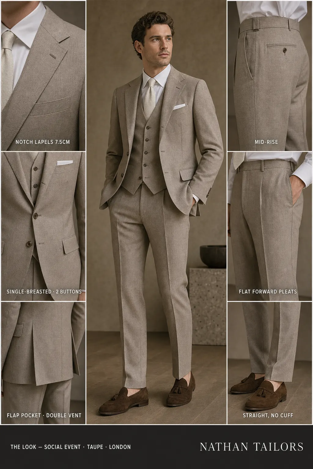 taupe single-breasted notch-lapel bespoke suit โ AI-rendered by Nathan Tailors, the Hoi An custom tailor. Available as a custom tailored suit from $149.