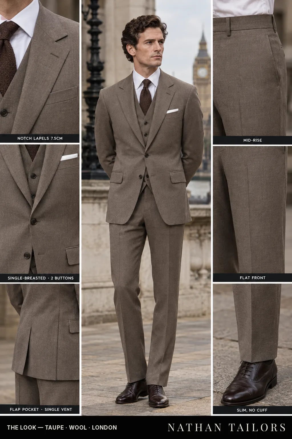 taupe single-breasted notch-lapel bespoke suit โ AI-rendered by Nathan Tailors, the Hoi An custom tailor. Available as a custom tailored suit from $149.