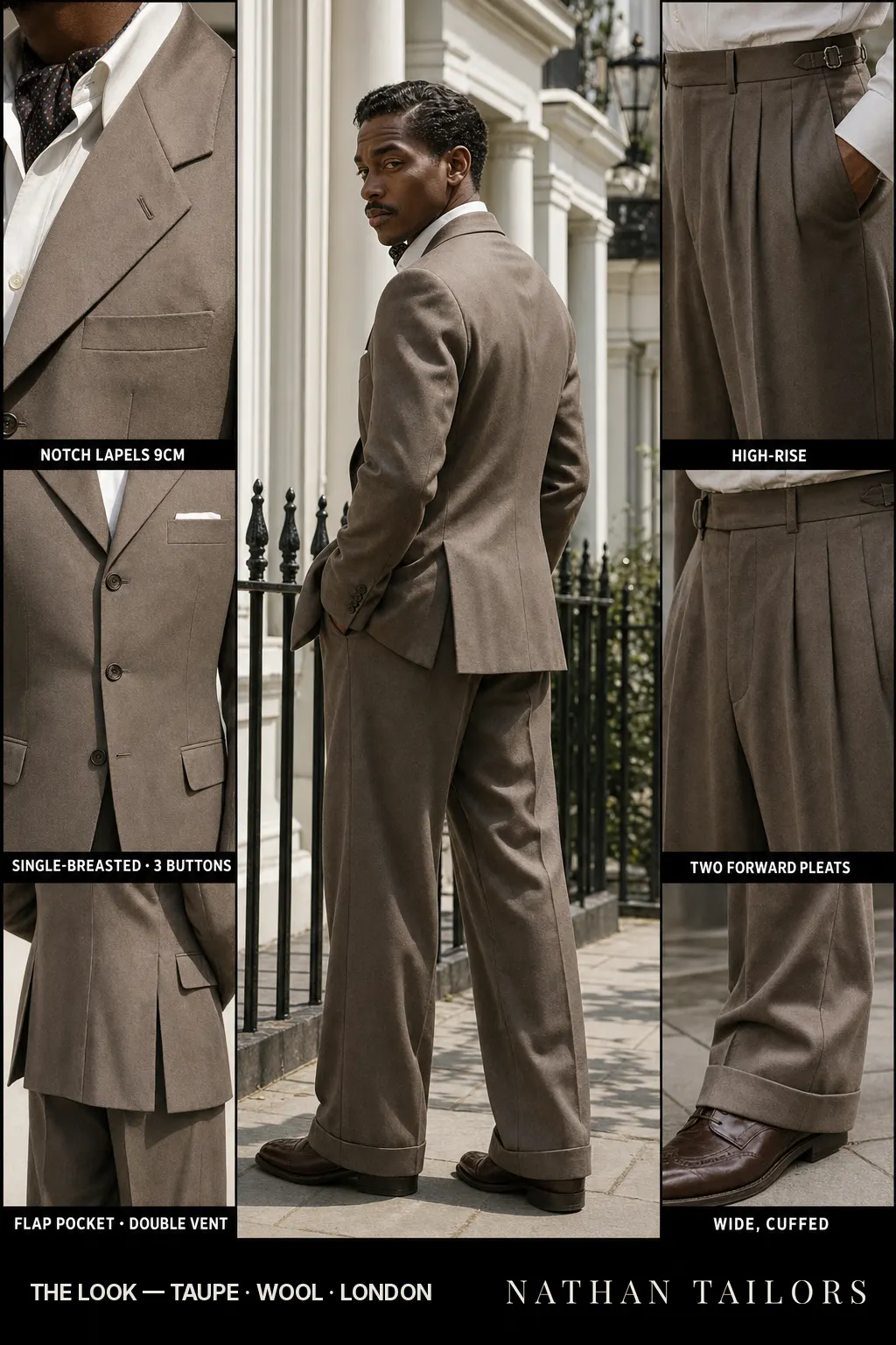 taupe single-breasted notch-lapel bespoke suit — AI-rendered by Nathan Tailors, the Hoi An custom tailor. Available as a custom tailored suit from $149.