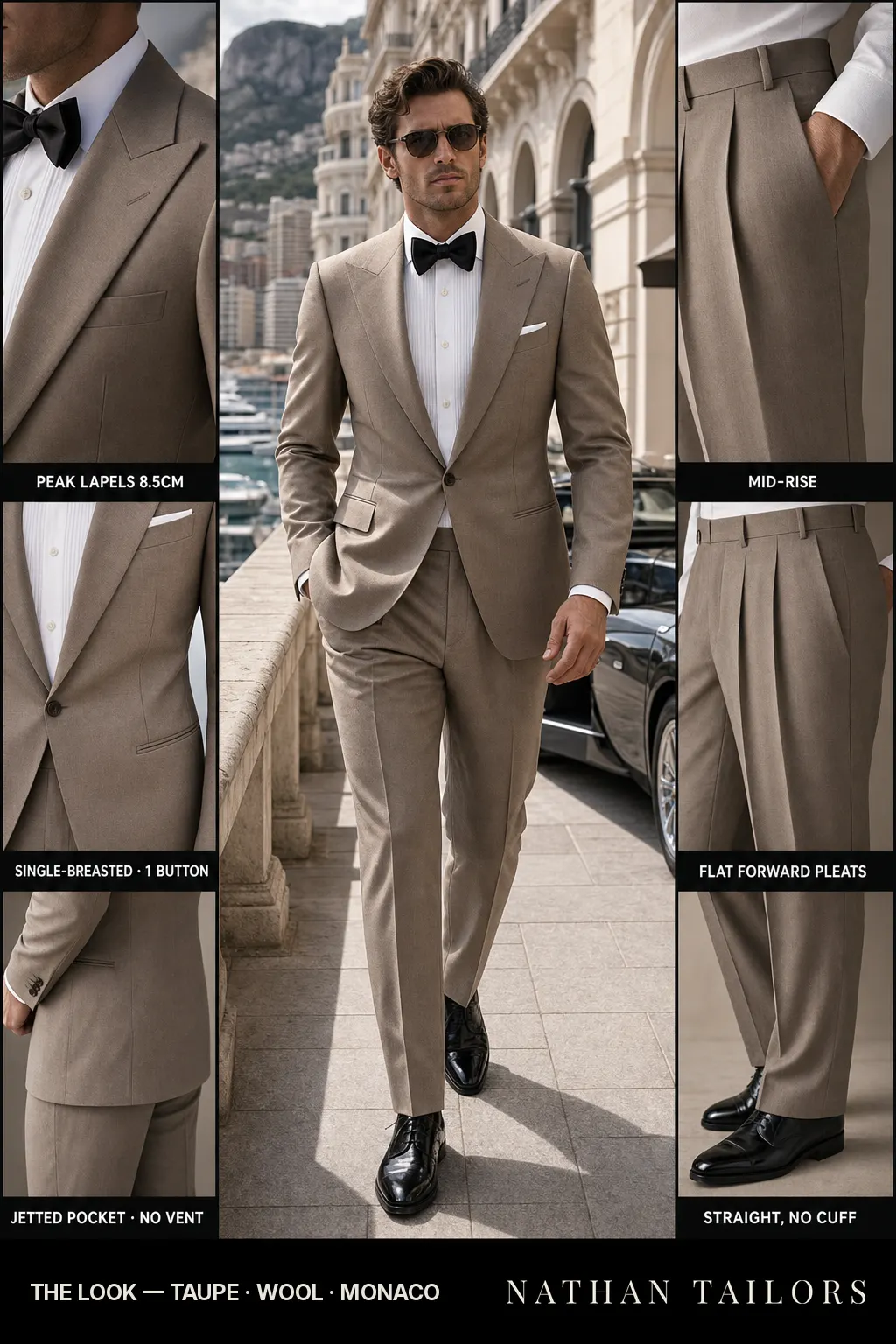 taupe single-breasted peak-lapel bespoke suit โ AI-rendered by Nathan Tailors, the Hoi An custom tailor. Available as a custom tailored suit from $149.