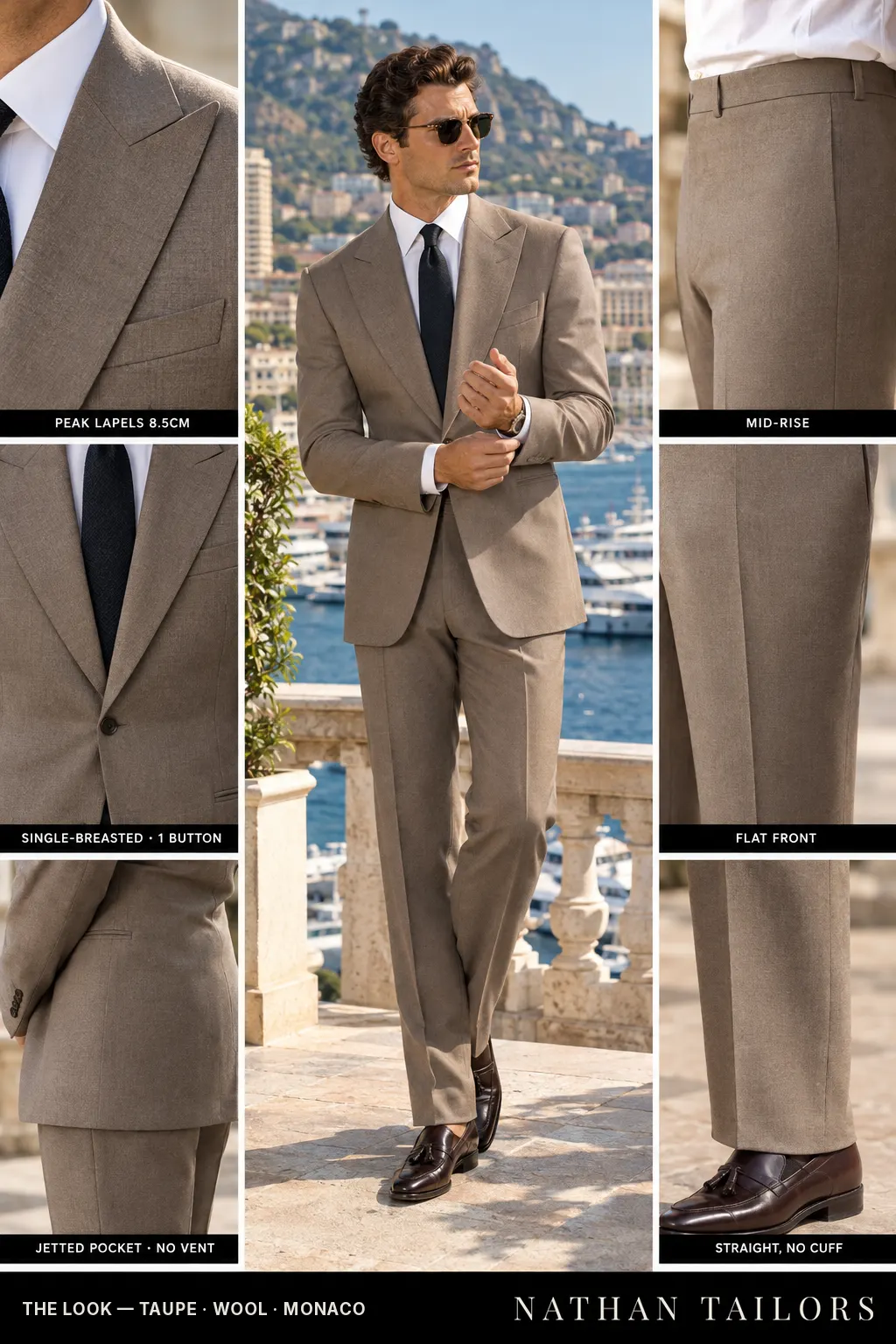 taupe single-breasted bespoke suit โ custom tailored by Nathan Tailors, the Hoi An custom tailor