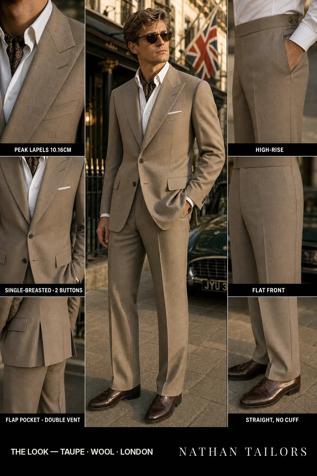 taupe single-breasted peak-lapel bespoke suit — AI-rendered by Nathan Tailors, the Hoi An custom tailor. Available as a custom tailored suit from $149.