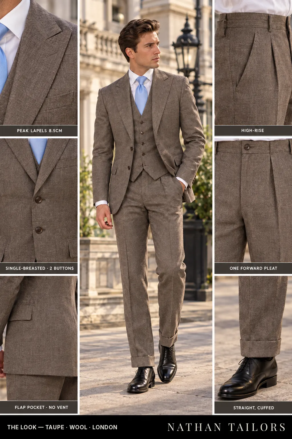 taupe single-breasted peak-lapel bespoke suit โ AI-rendered by Nathan Tailors, the Hoi An custom tailor. Available as a custom tailored suit from $149.
