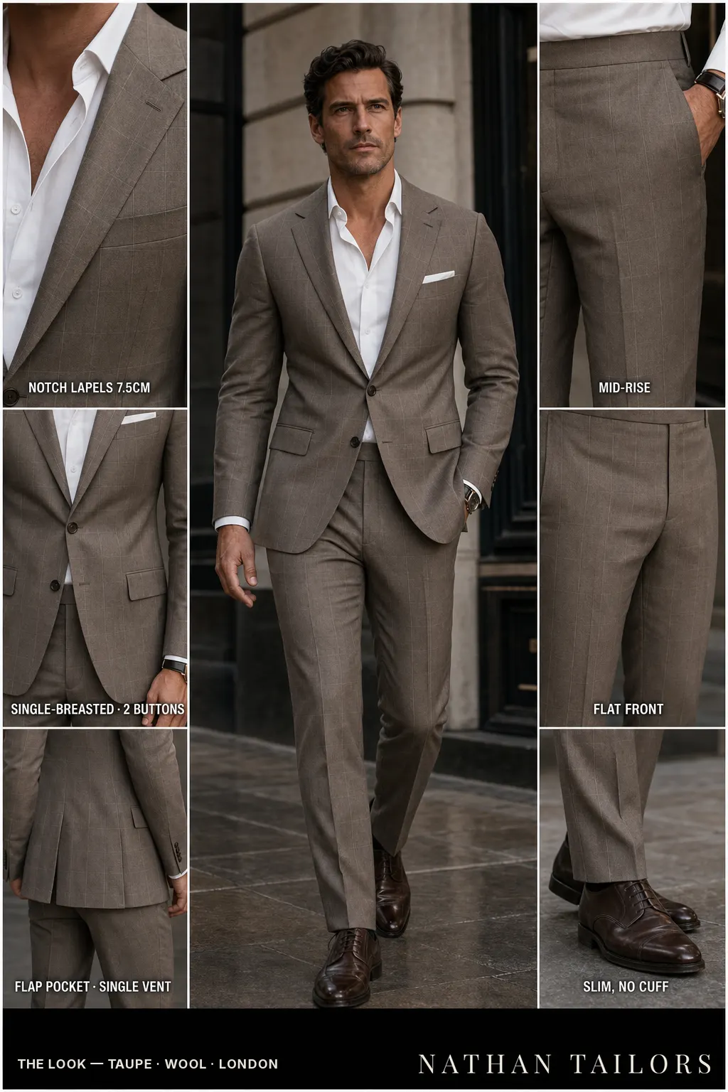 taupe windowpane single-breasted notch-lapel bespoke suit — AI-rendered by Nathan Tailors, the Hoi An custom tailor. Available as a custom tailored suit from $149.