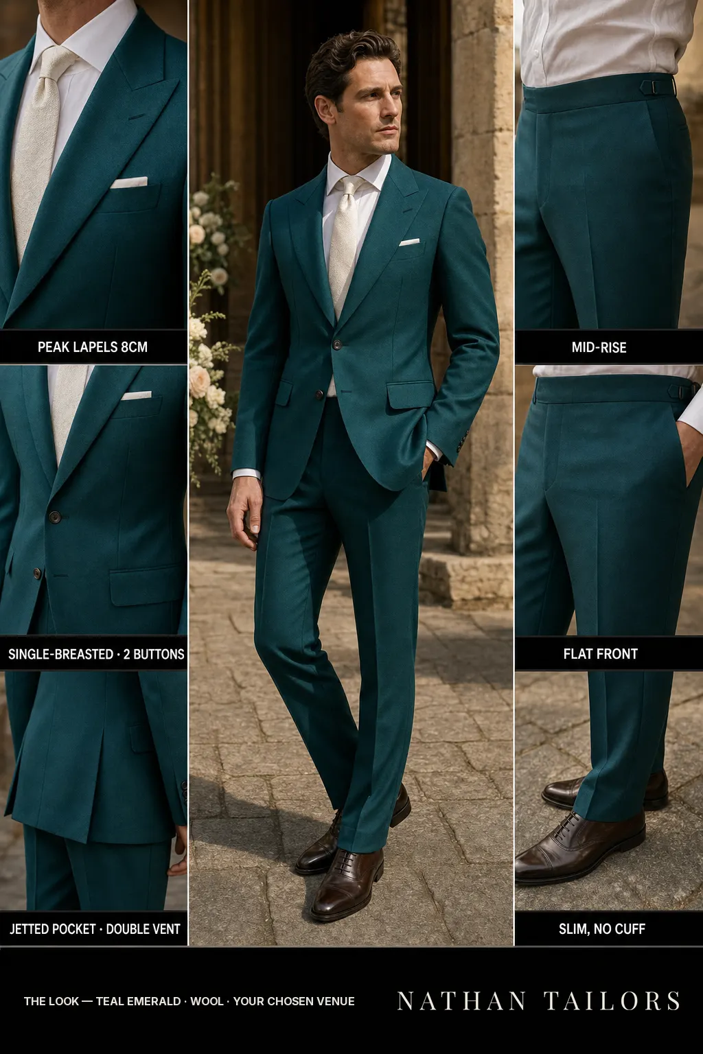 teal emerald single-breasted peak-lapel bespoke suit — AI-rendered by Nathan Tailors, the Hoi An custom tailor. Available as a custom tailored suit from $149.