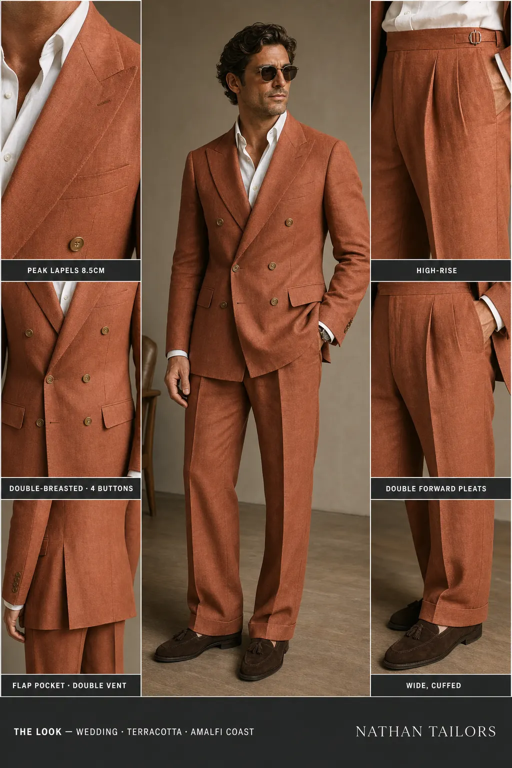 terracotta double-breasted peak-lapel bespoke suit — AI-rendered by Nathan Tailors, the Hoi An custom tailor. Available as a custom tailored suit from $149.