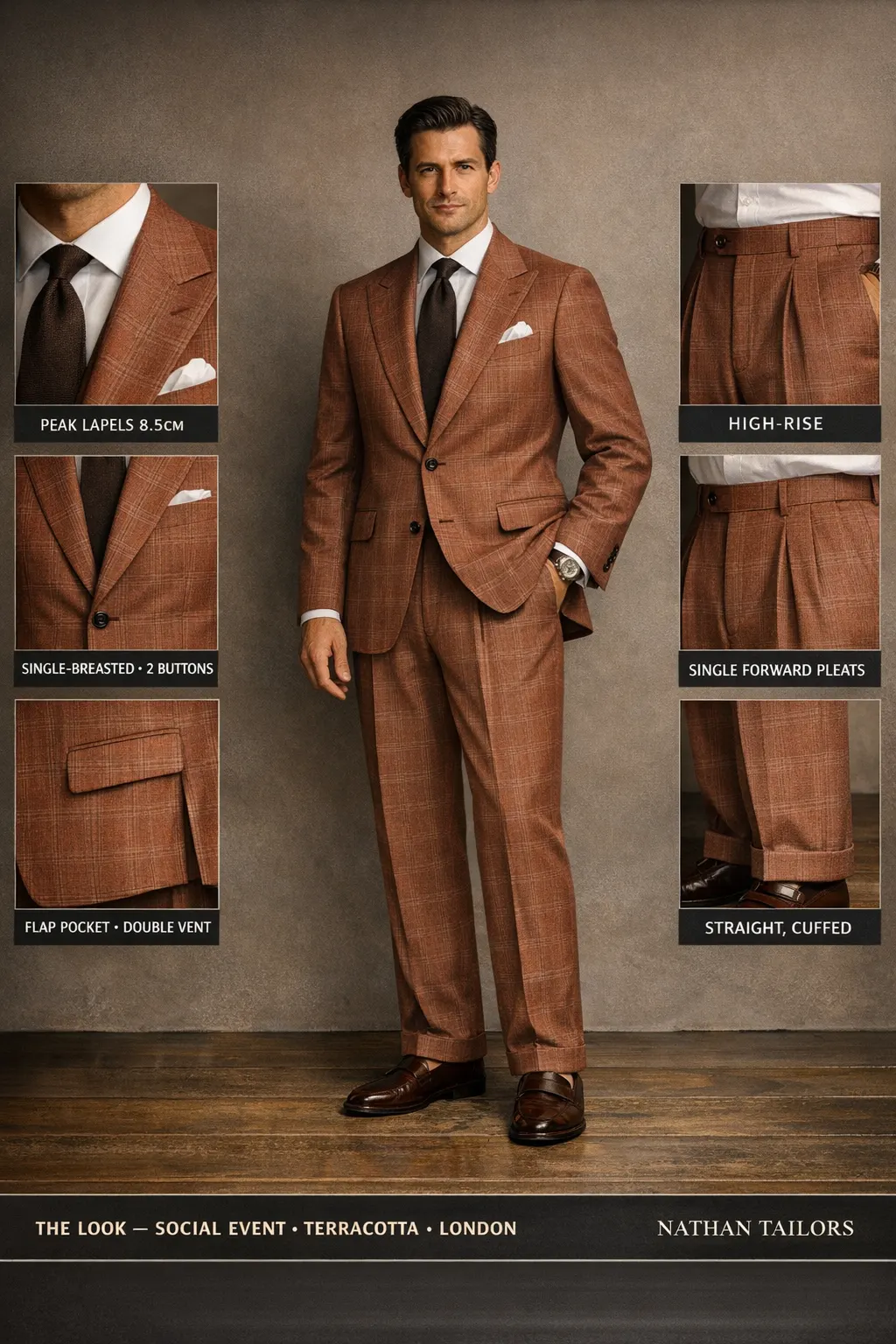 terracotta glen plaid single-breasted peak-lapel bespoke suit — AI-rendered by Nathan Tailors, the Hoi An custom tailor. Available as a custom tailored suit from $149.