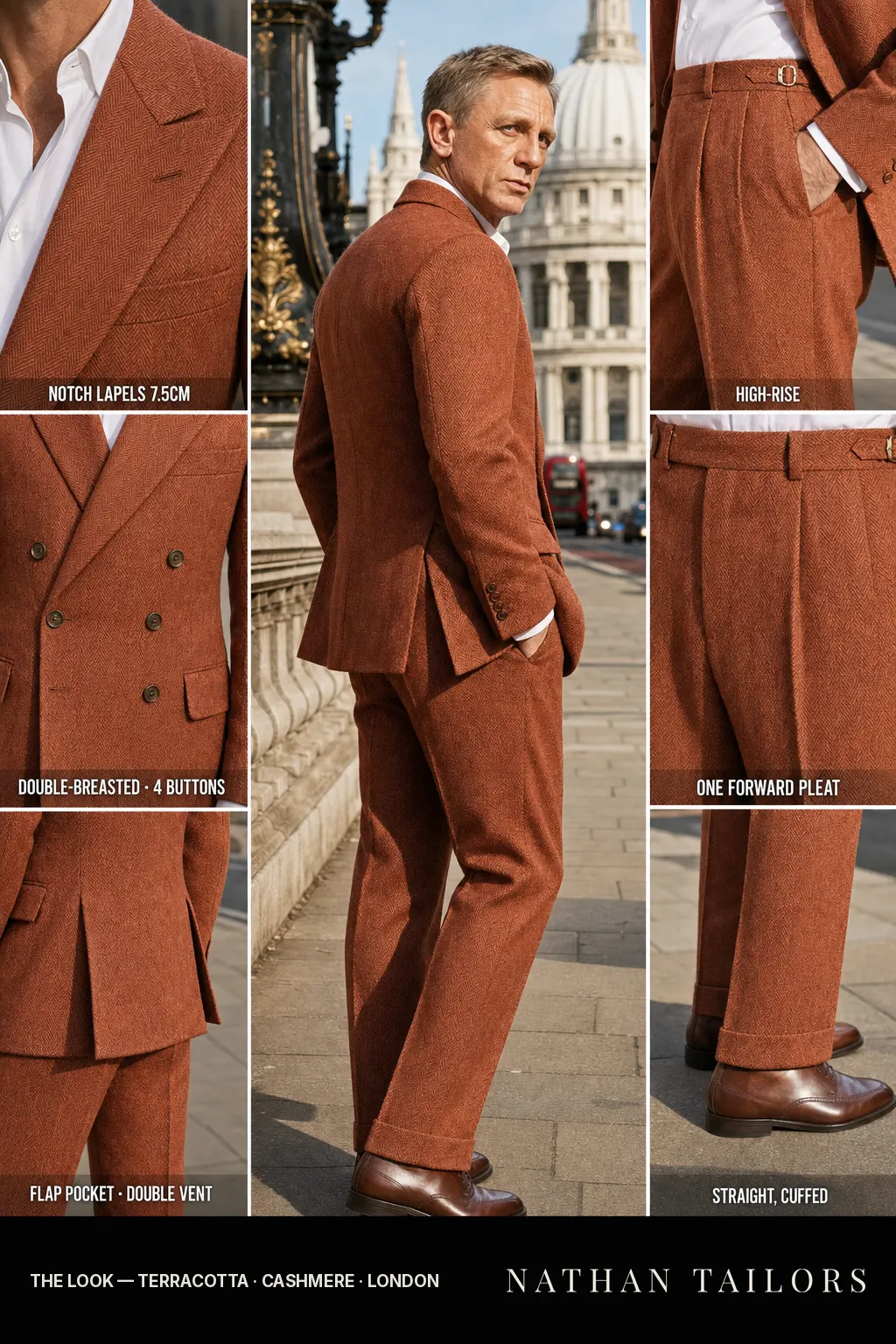 terracotta herringbone double-breasted notch-lapel bespoke suit — AI-rendered by Nathan Tailors, the Hoi An custom tailor. Available as a custom tailored suit from $149.