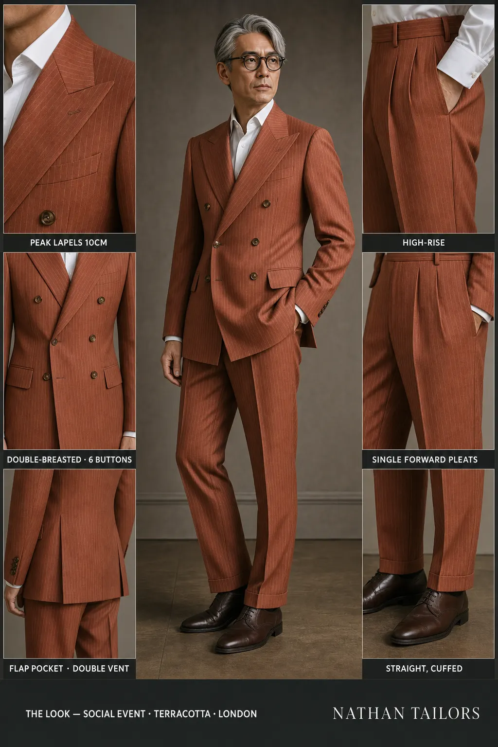 terracotta pinstripe double-breasted peak-lapel bespoke suit — AI-rendered by Nathan Tailors, the Hoi An custom tailor. Available as a custom tailored suit from $149.