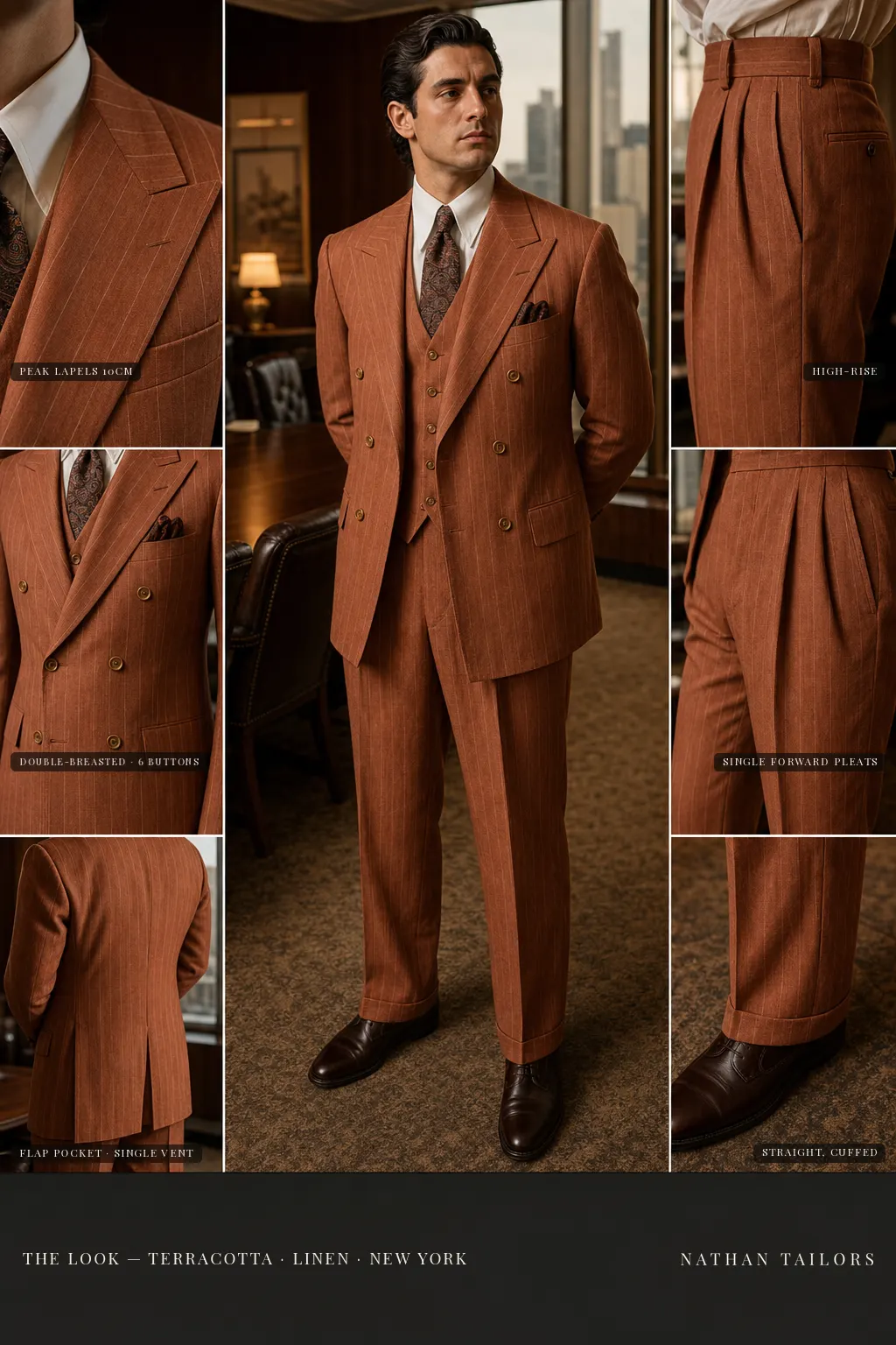 terracotta pinstripe double-breasted peak-lapel bespoke suit — AI-rendered by Nathan Tailors, the Hoi An custom tailor. Available as a custom tailored suit from $149.