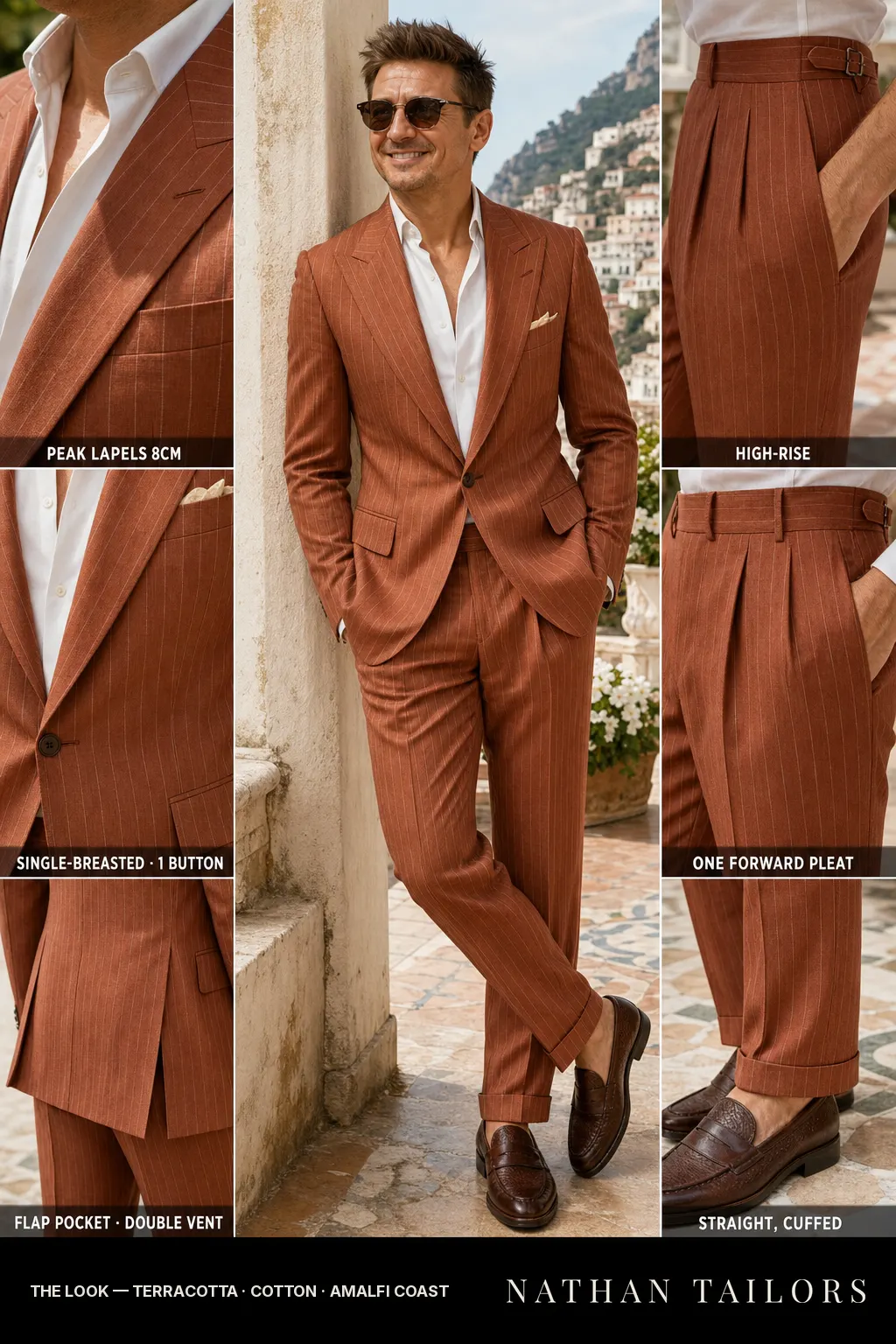 terracotta pinstripe single-breasted peak-lapel bespoke suit — AI-rendered by Nathan Tailors, the Hoi An custom tailor. Available as a custom tailored suit from $149.