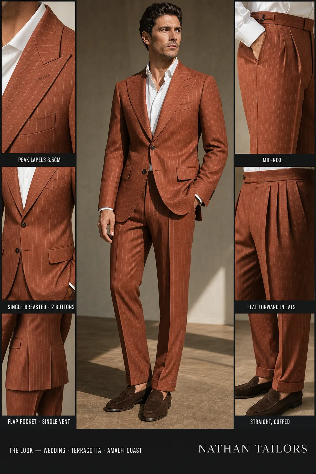 terracotta pinstripe single-breasted peak-lapel bespoke suit โ AI-rendered by Nathan Tailors, the Hoi An custom tailor. Available as a custom tailored suit from $149.