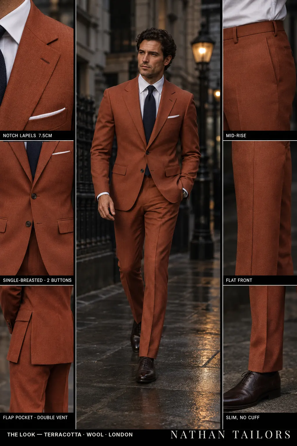 terracotta single-breasted notch-lapel bespoke suit โ AI-rendered by Nathan Tailors, the Hoi An custom tailor. Available as a custom tailored suit from $149.