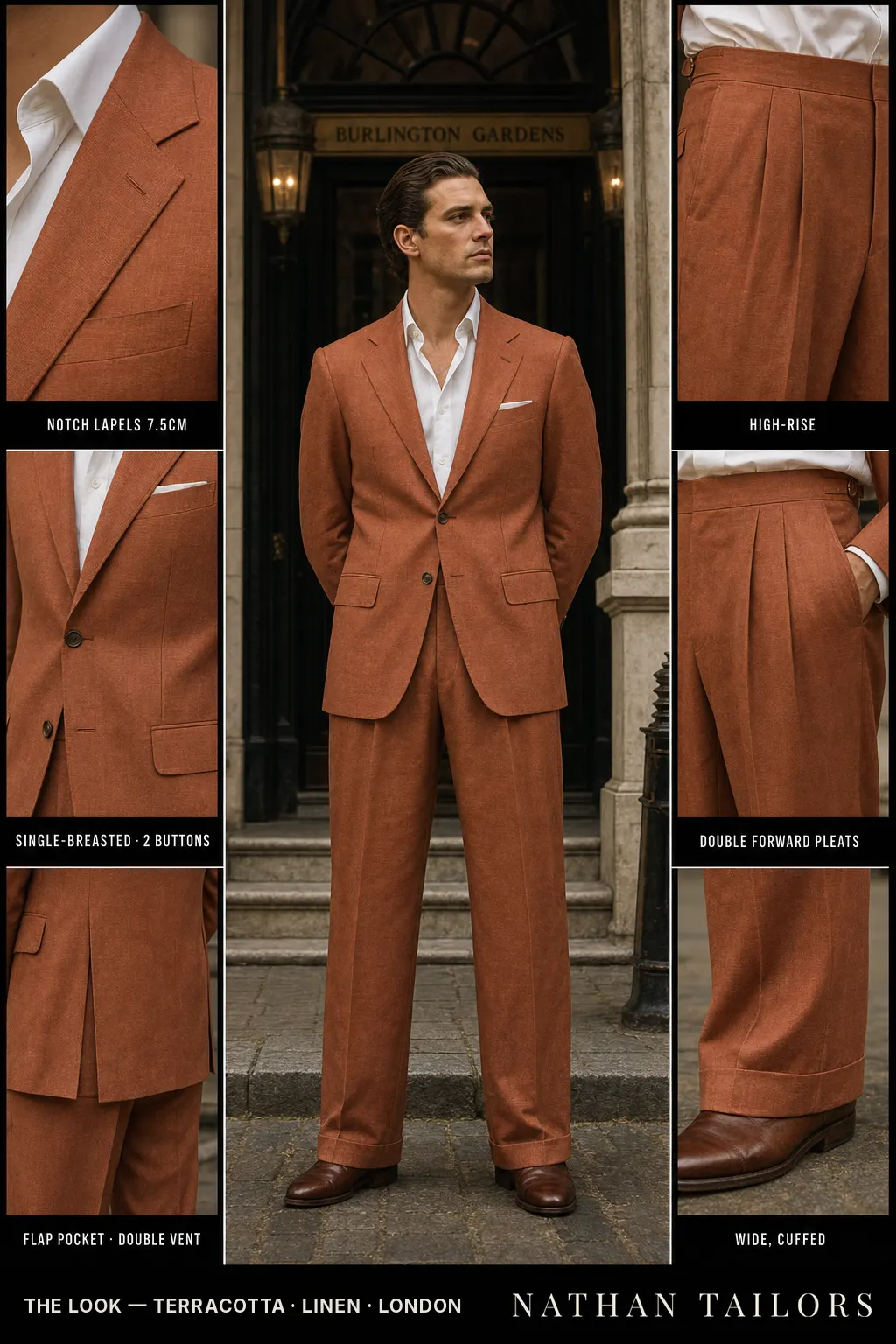 terracotta single-breasted notch-lapel bespoke suit โ AI-rendered by Nathan Tailors, the Hoi An custom tailor. Available as a custom tailored suit from $149.