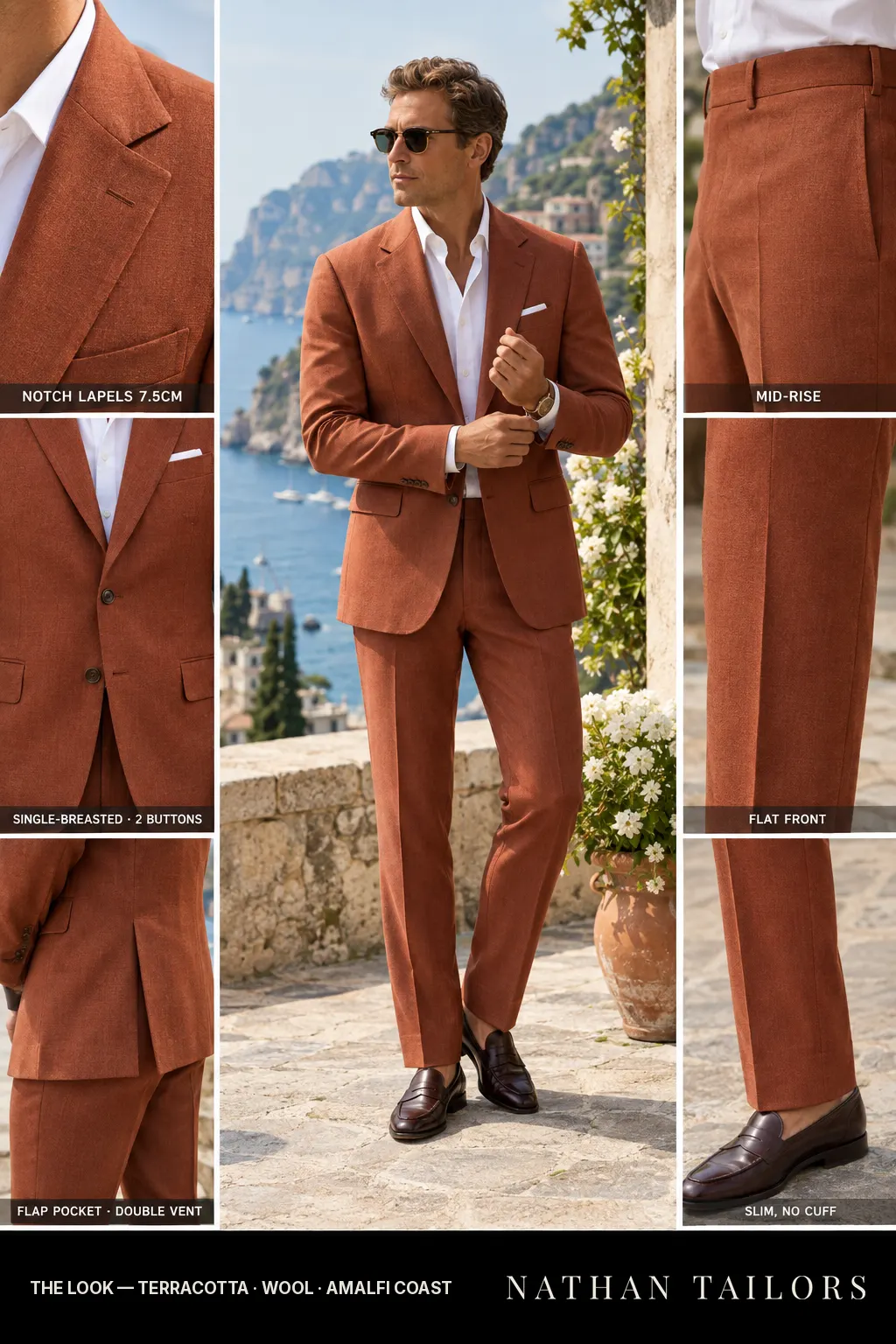terracotta single-breasted notch-lapel bespoke suit โ AI-rendered by Nathan Tailors, the Hoi An custom tailor. Available as a custom tailored suit from $149.