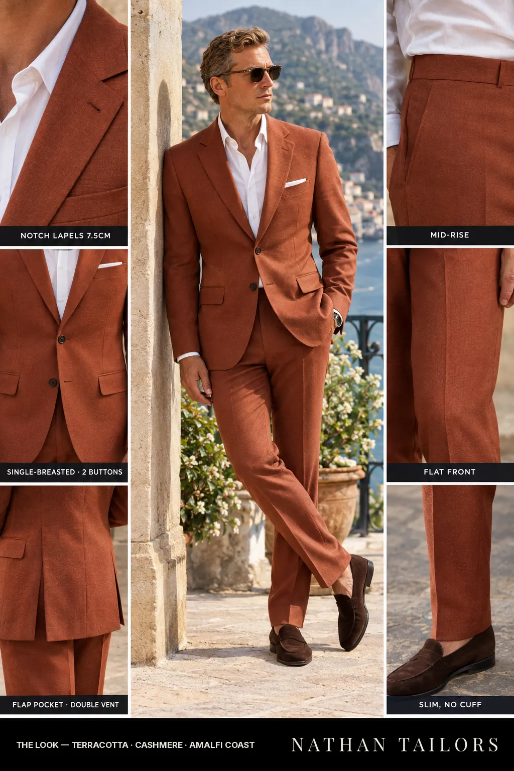 terracotta single-breasted bespoke suit โ custom tailored by Nathan Tailors, the Hoi An custom tailor