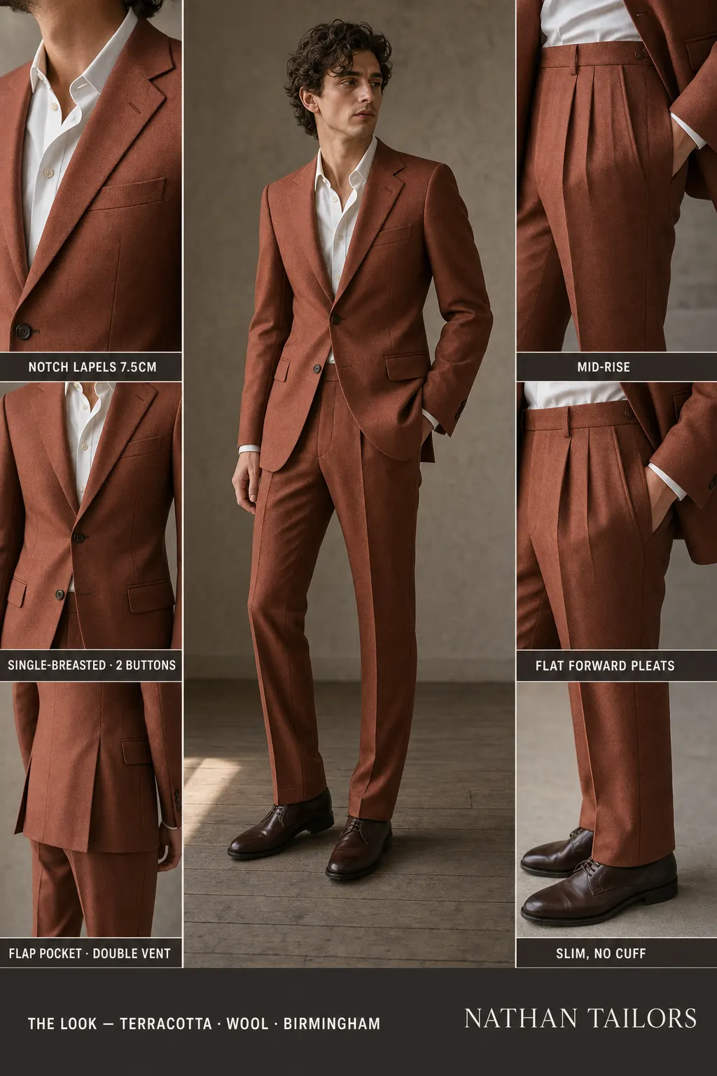 terracotta single-breasted notch-lapel bespoke suit — AI-rendered by Nathan Tailors, the Hoi An custom tailor. Available as a custom tailored suit from $149.