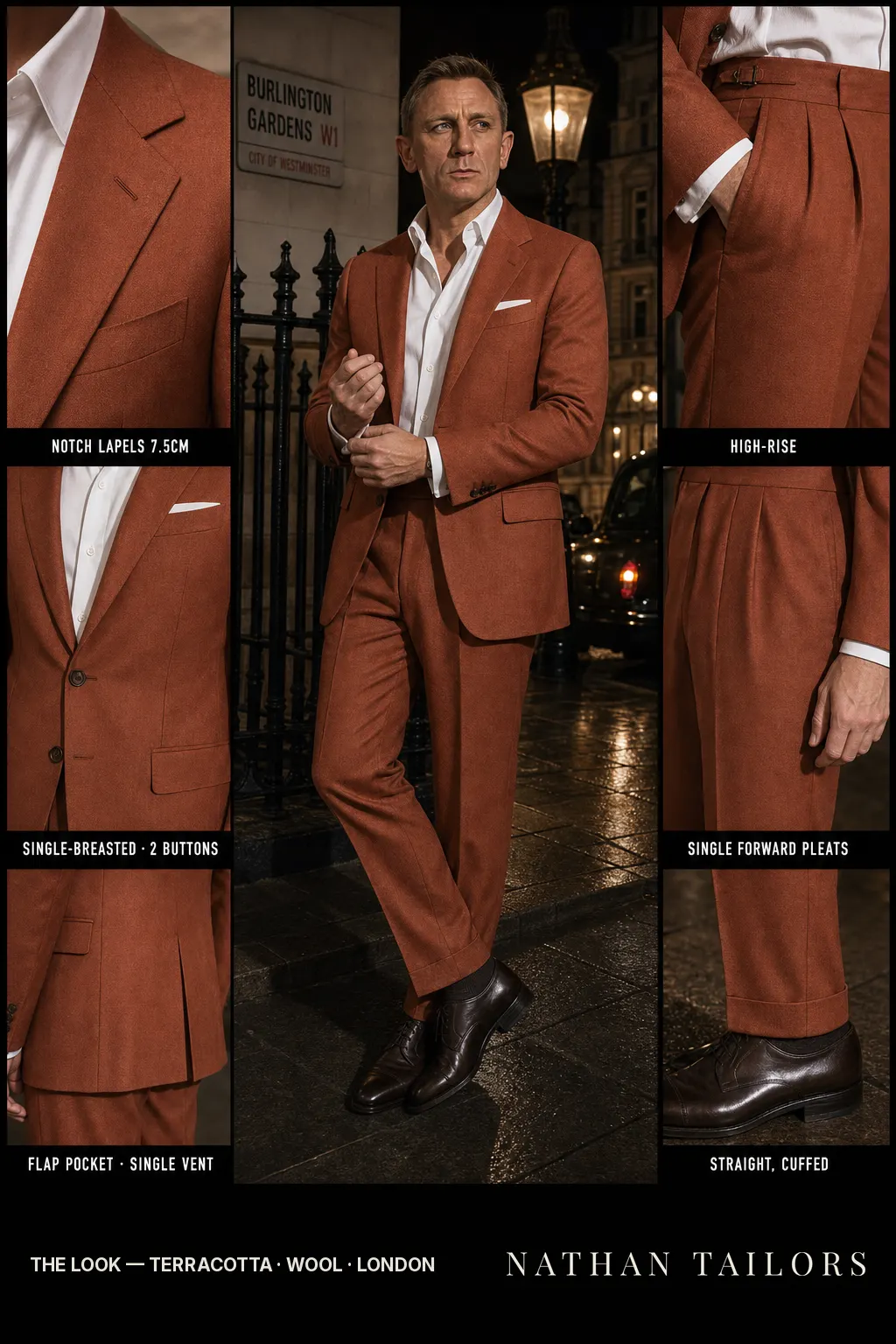 terracotta single-breasted notch-lapel bespoke suit โ AI-rendered by Nathan Tailors, the Hoi An custom tailor. Available as a custom tailored suit from $149.