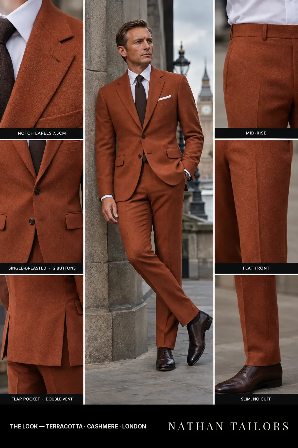terracotta single-breasted notch-lapel bespoke suit โ AI-rendered by Nathan Tailors, the Hoi An custom tailor. Available as a custom tailored suit from $149.