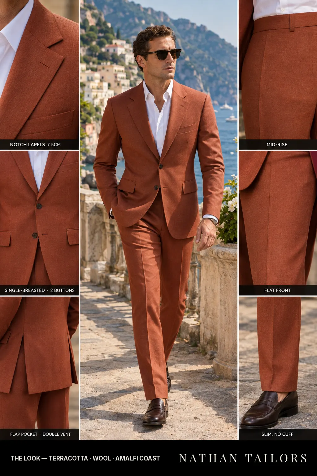 terracotta single-breasted notch-lapel bespoke suit โ AI-rendered by Nathan Tailors, the Hoi An custom tailor. Available as a custom tailored suit from $149.