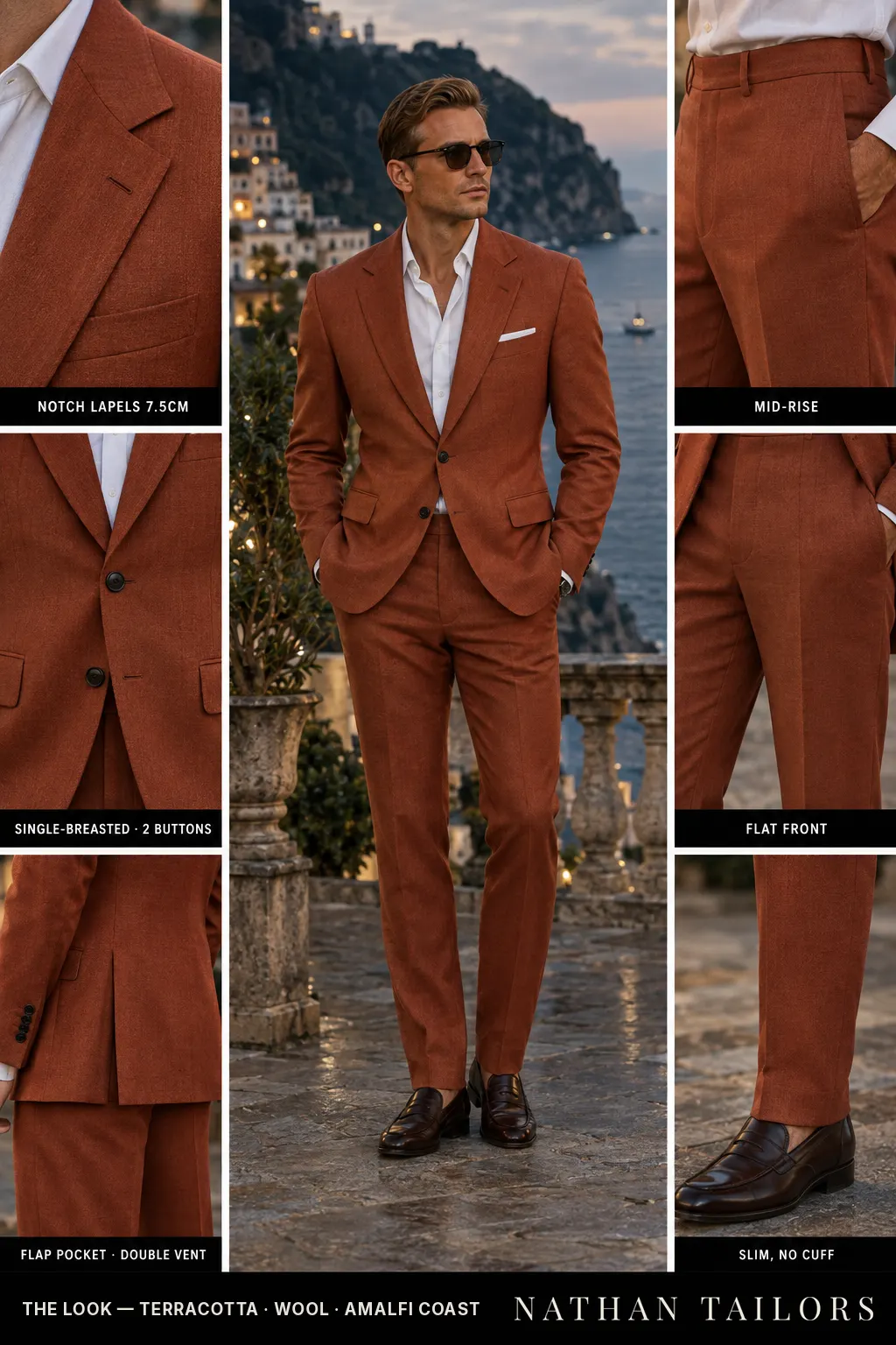 terracotta single-breasted notch-lapel bespoke suit — AI-rendered by Nathan Tailors, the Hoi An custom tailor. Available as a custom tailored suit from $149.