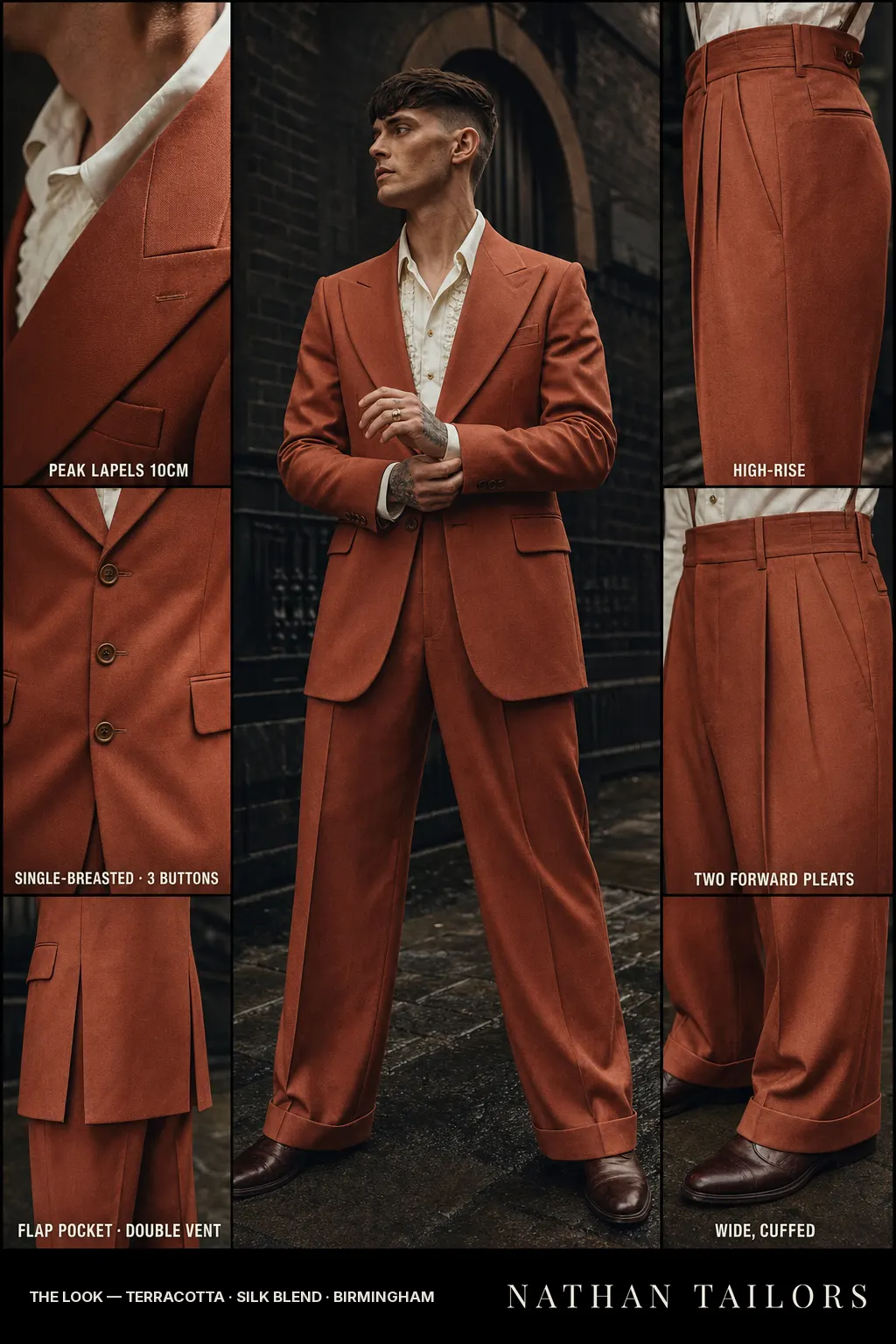 terracotta single-breasted peak-lapel bespoke suit — AI-rendered by Nathan Tailors, the Hoi An custom tailor. Available as a custom tailored suit from $149.