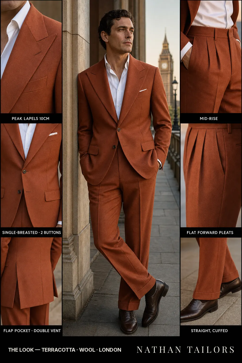 terracotta single-breasted peak-lapel bespoke suit โ AI-rendered by Nathan Tailors, the Hoi An custom tailor. Available as a custom tailored suit from $149.