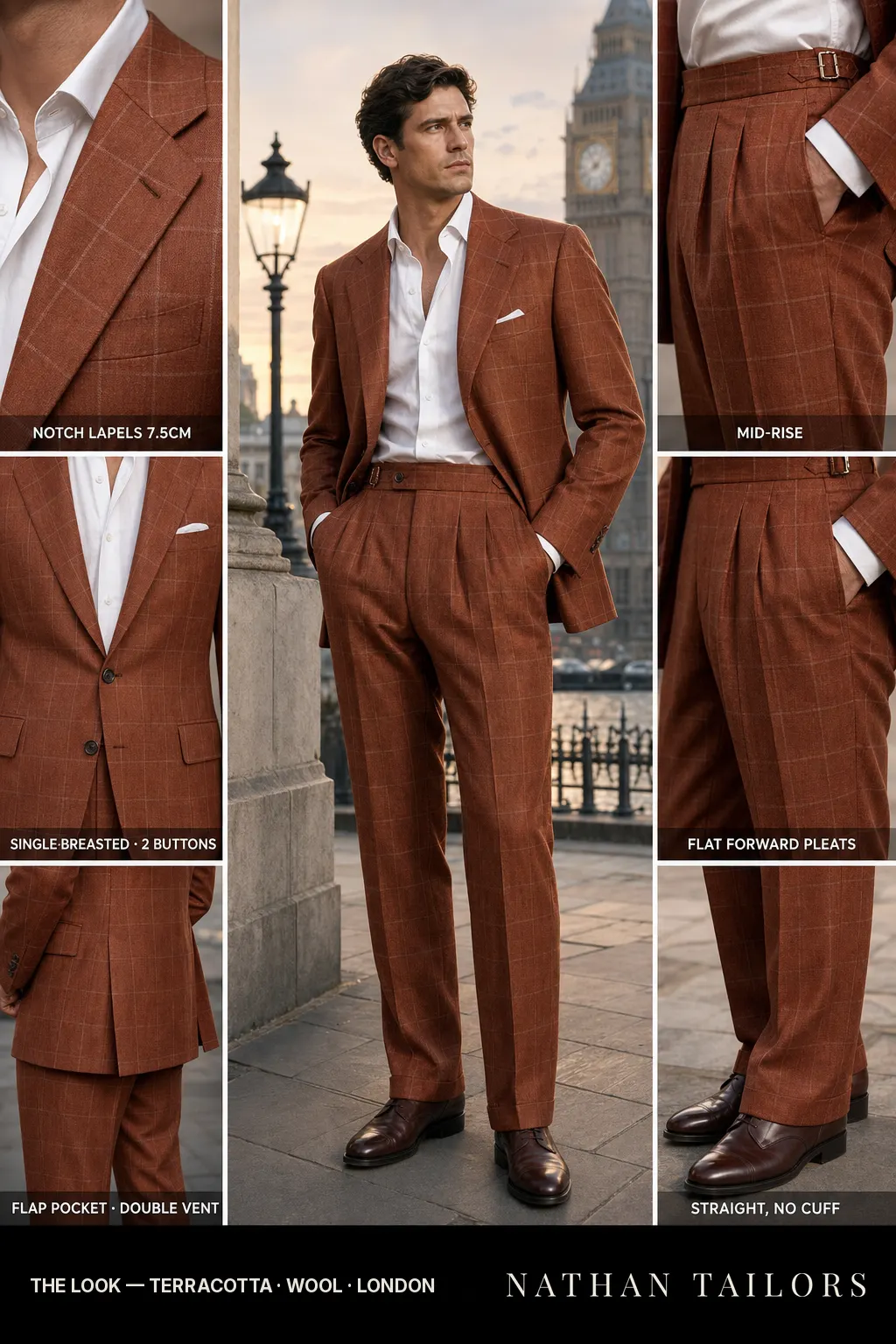 terracotta windowpane single-breasted notch-lapel bespoke suit — AI-rendered by Nathan Tailors, the Hoi An custom tailor. Available as a custom tailored suit from $149.