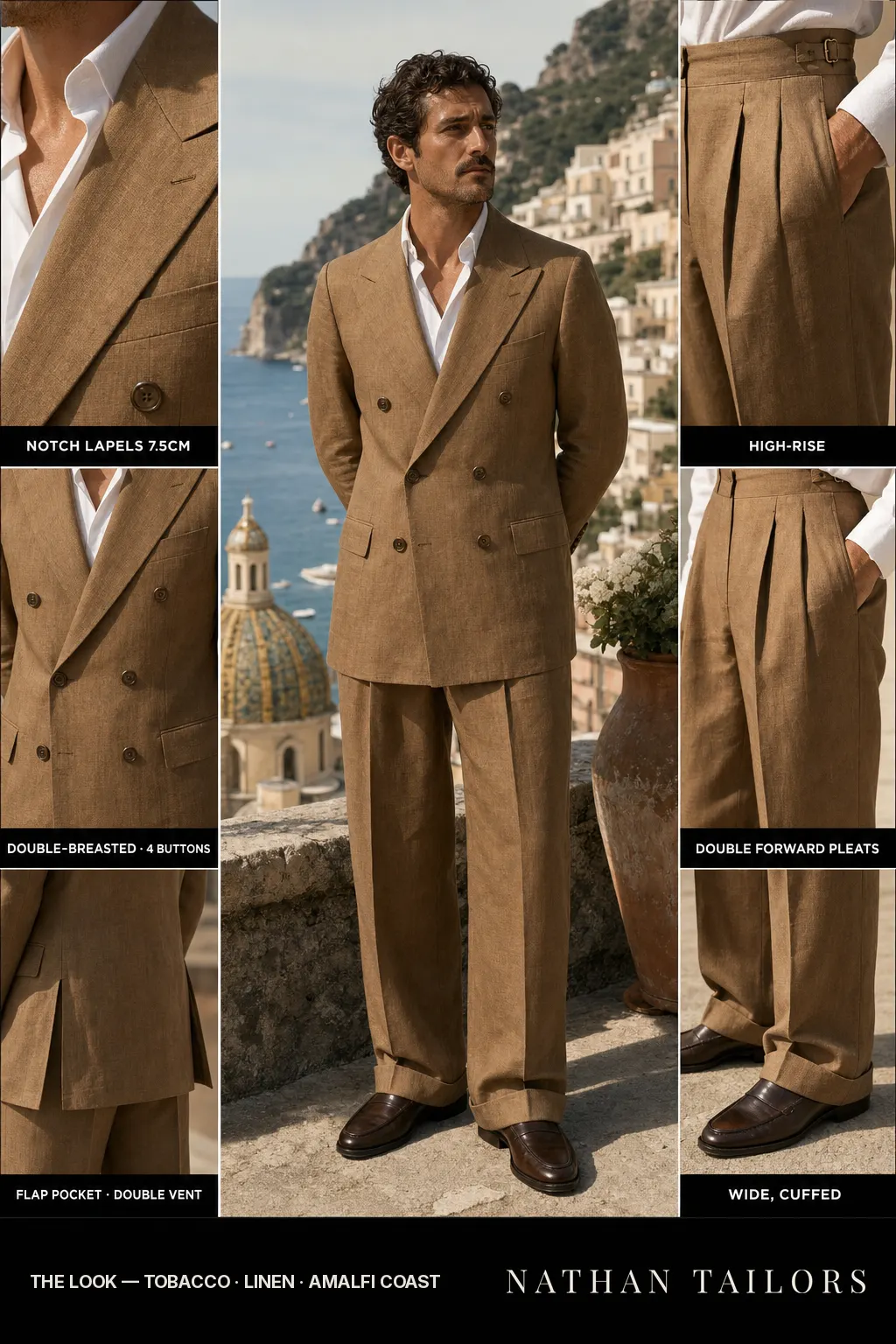 tobacco double-breasted notch-lapel bespoke suit — AI-rendered by Nathan Tailors, the Hoi An custom tailor. Available as a custom tailored suit from $149.