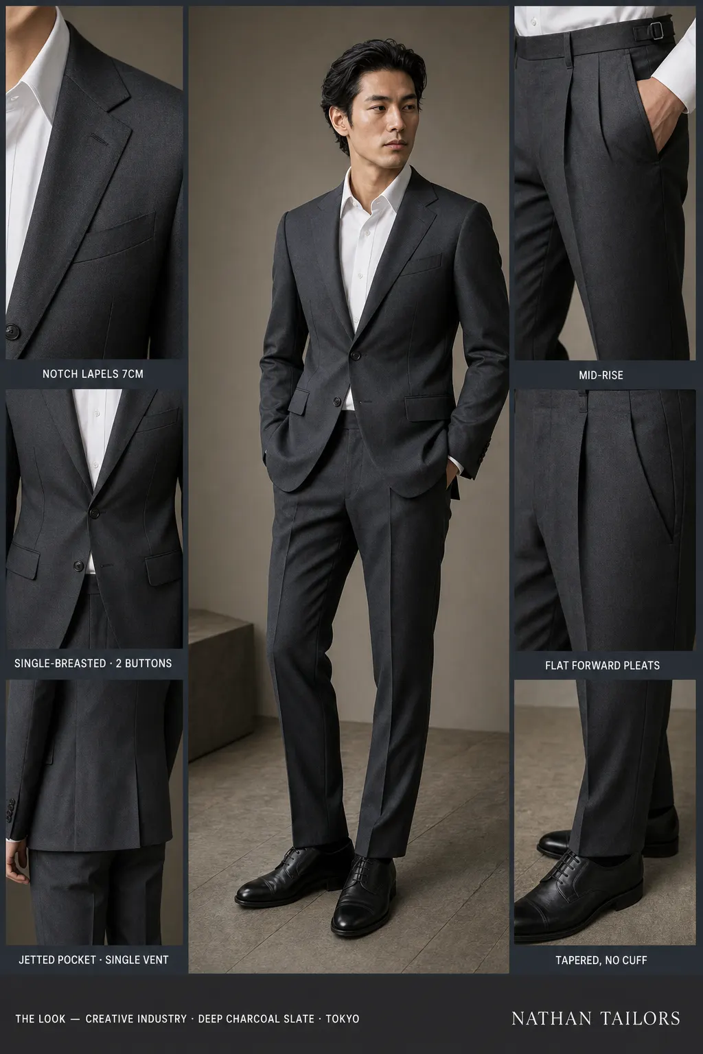 deep charcoal slate single-breasted notch-lapel bespoke suit — AI-rendered by Nathan Tailors, the Hoi An custom tailor. Available as a custom tailored suit from $149.