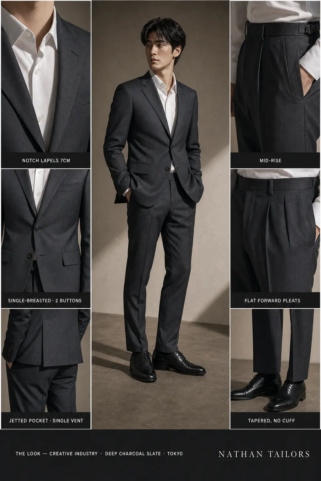 deep charcoal slate single-breasted notch-lapel bespoke suit — AI-rendered by Nathan Tailors, the Hoi An custom tailor. Available as a custom tailored suit from $149.