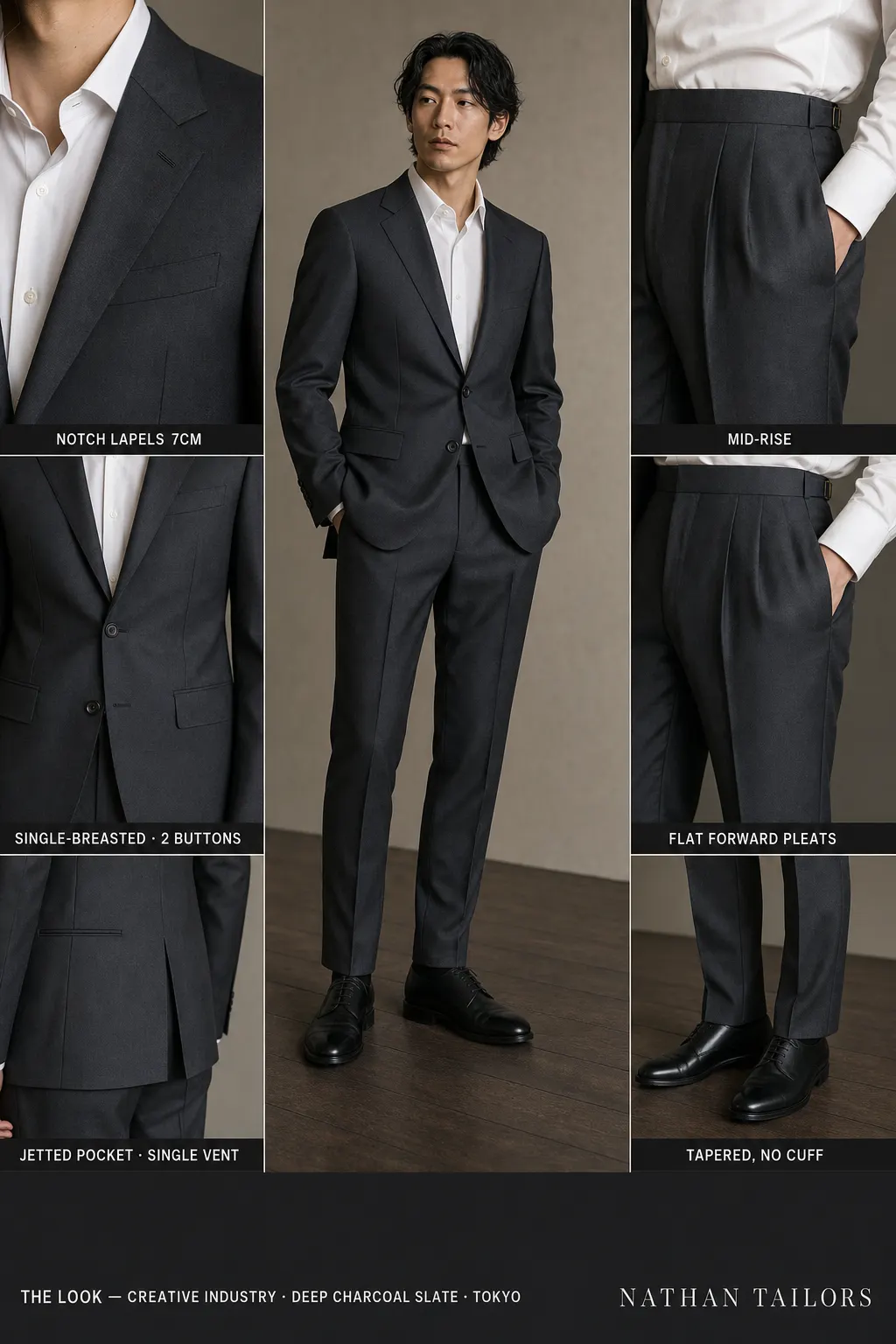 deep charcoal slate single-breasted notch-lapel bespoke suit — AI-rendered by Nathan Tailors, the Hoi An custom tailor. Available as a custom tailored suit from $149.
