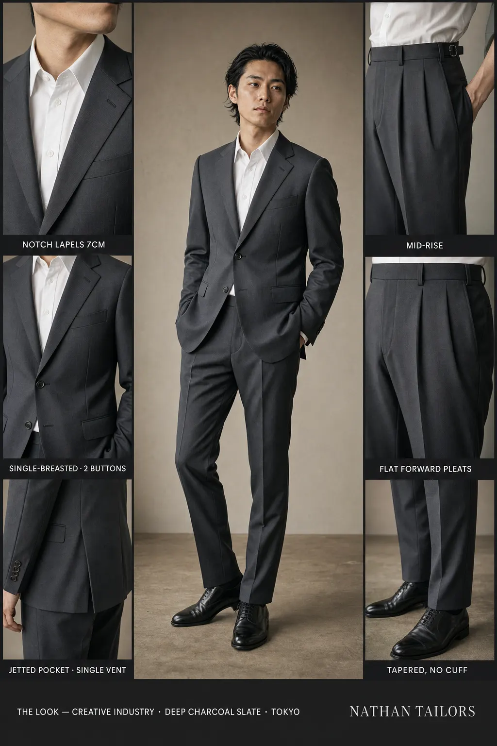 deep charcoal slate single-breasted notch-lapel bespoke suit — AI-rendered by Nathan Tailors, the Hoi An custom tailor. Available as a custom tailored suit from $149.