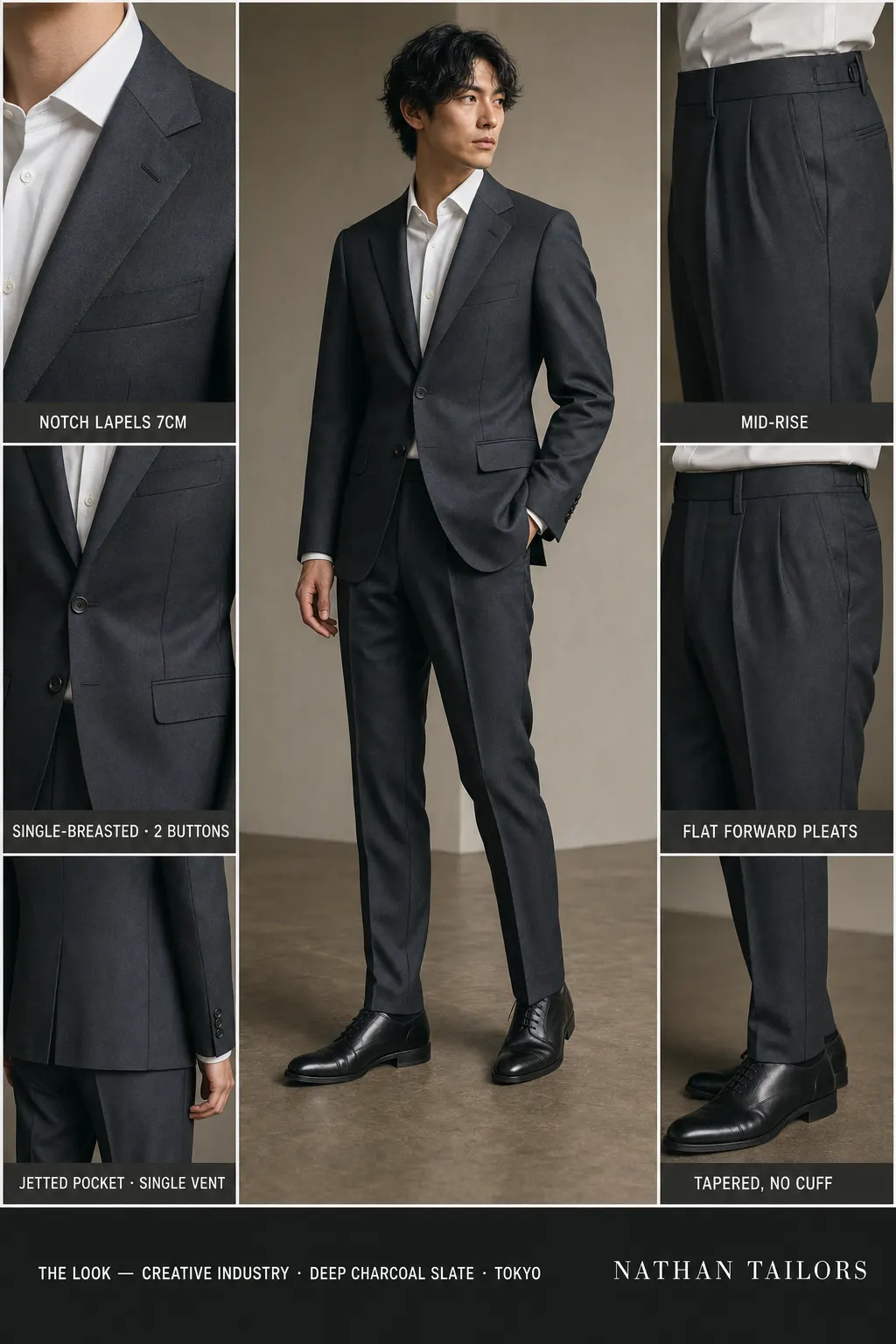 deep charcoal slate single-breasted notch-lapel bespoke suit — AI-rendered by Nathan Tailors, the Hoi An custom tailor. Available as a custom tailored suit from $149.