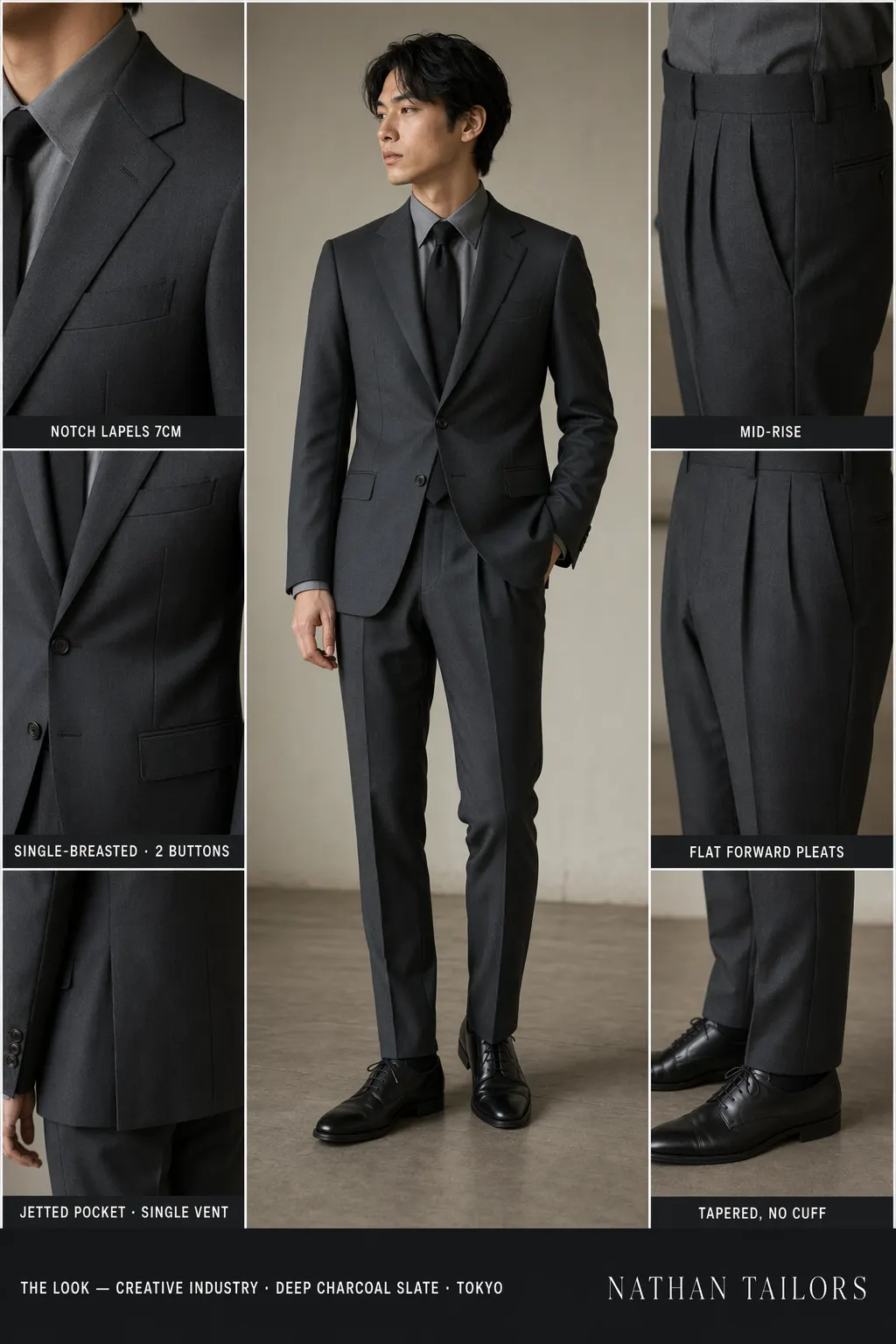 deep charcoal slate single-breasted notch-lapel bespoke suit — AI-rendered by Nathan Tailors, the Hoi An custom tailor. Available as a custom tailored suit from $149.