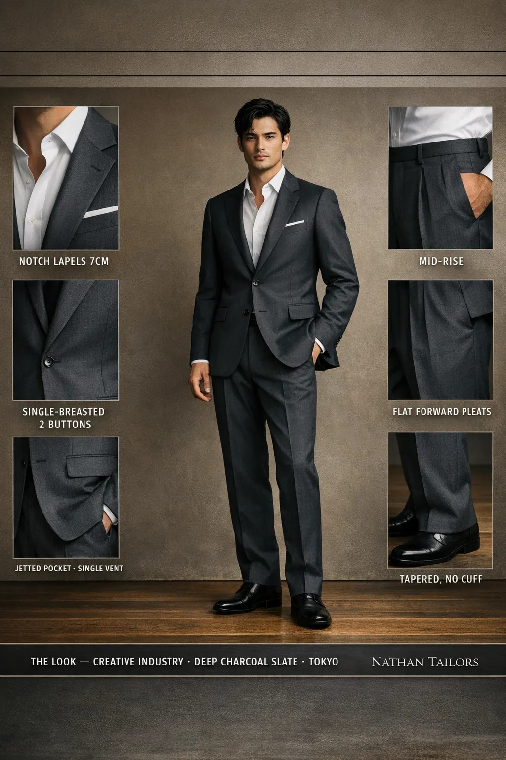 deep charcoal slate single-breasted notch-lapel bespoke suit — AI-rendered by Nathan Tailors, the Hoi An custom tailor. Available as a custom tailored suit from $149.