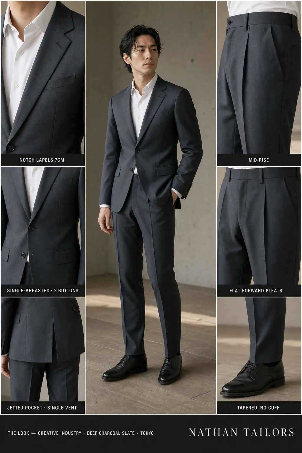 deep charcoal slate single-breasted notch-lapel bespoke suit — AI-rendered by Nathan Tailors, the Hoi An custom tailor. Available as a custom tailored suit from $149.