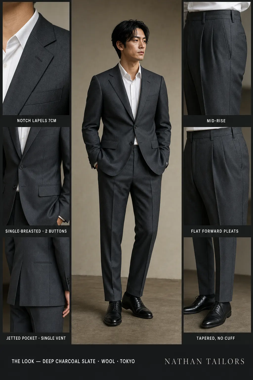 deep charcoal slate single-breasted notch-lapel bespoke suit — AI-rendered by Nathan Tailors, the Hoi An custom tailor. Available as a custom tailored suit from $149.