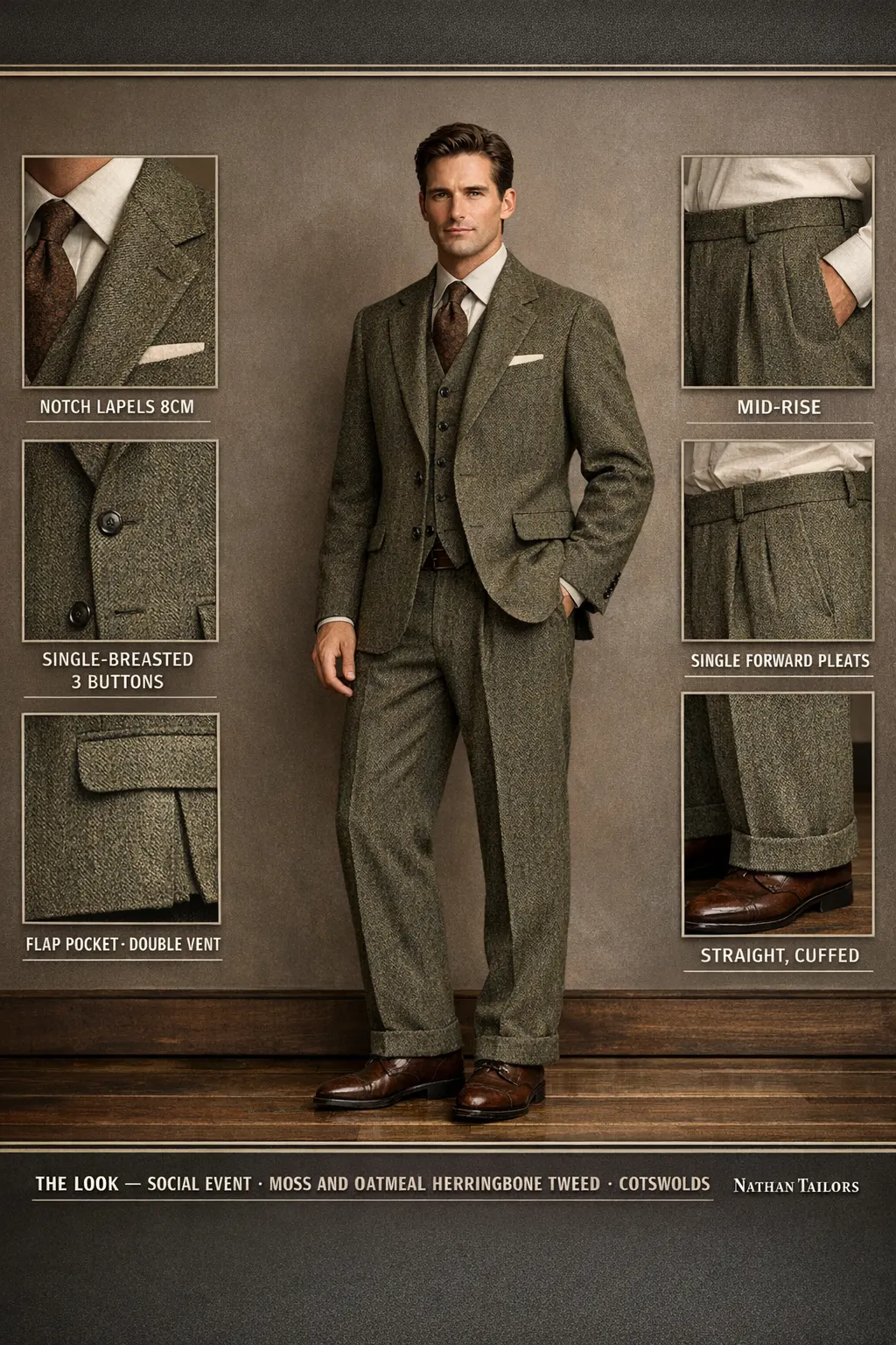moss and oatmeal herringbone tweed herringbone single-breasted notch-lapel bespoke suit — AI-rendered by Nathan Tailors, the Hoi An custom tailor. Available as a custom tailored suit from $149.