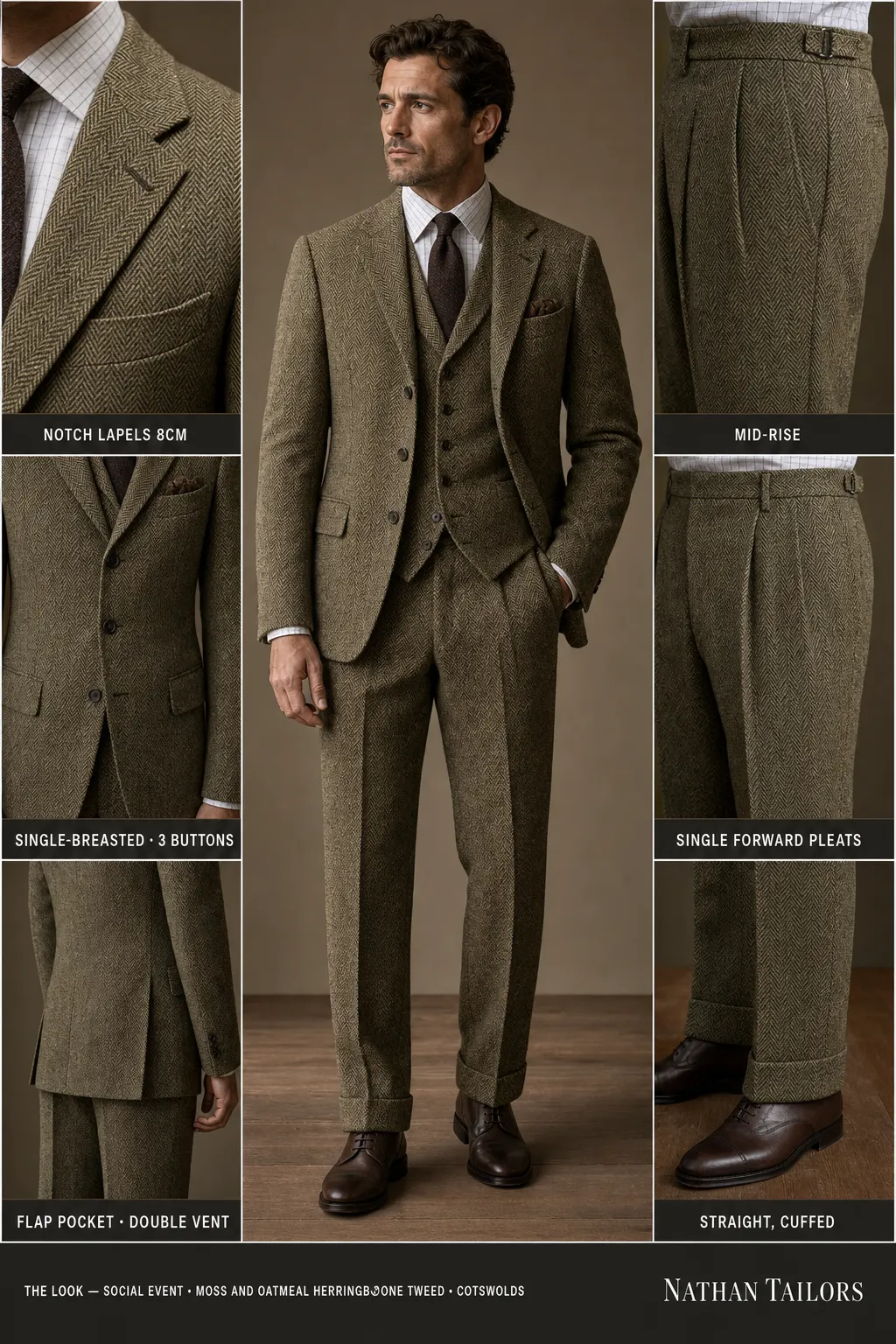moss and oatmeal herringbone tweed herringbone single-breasted notch-lapel bespoke suit — AI-rendered by Nathan Tailors, the Hoi An custom tailor. Available as a custom tailored suit from $149.