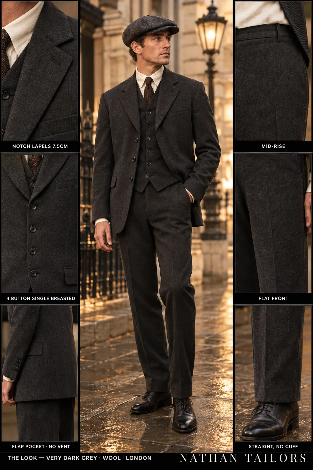 very dark grey single-breasted bespoke suit — custom tailored by Nathan Tailors, the Hoi An custom tailor