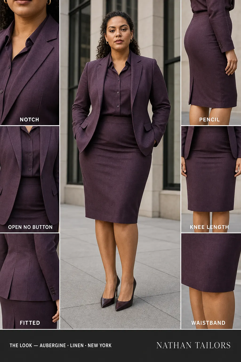 fitted women's skirt suit in aubergine — AI-rendered by Nathan Tailors, made to measure for women and shipped worldwide.