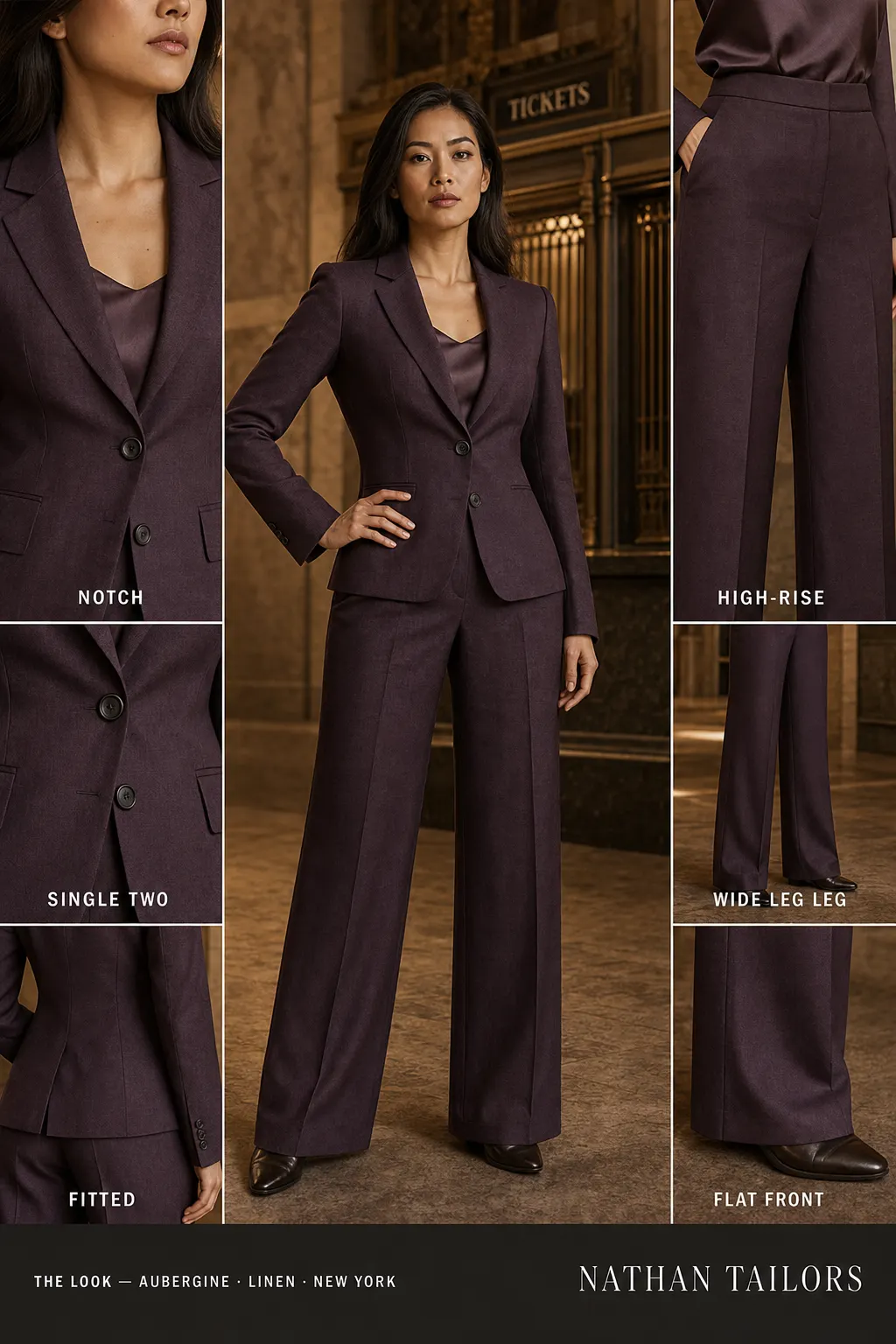 fitted women's pant suit in aubergine — AI-rendered by Nathan Tailors, made to measure for women and shipped worldwide.