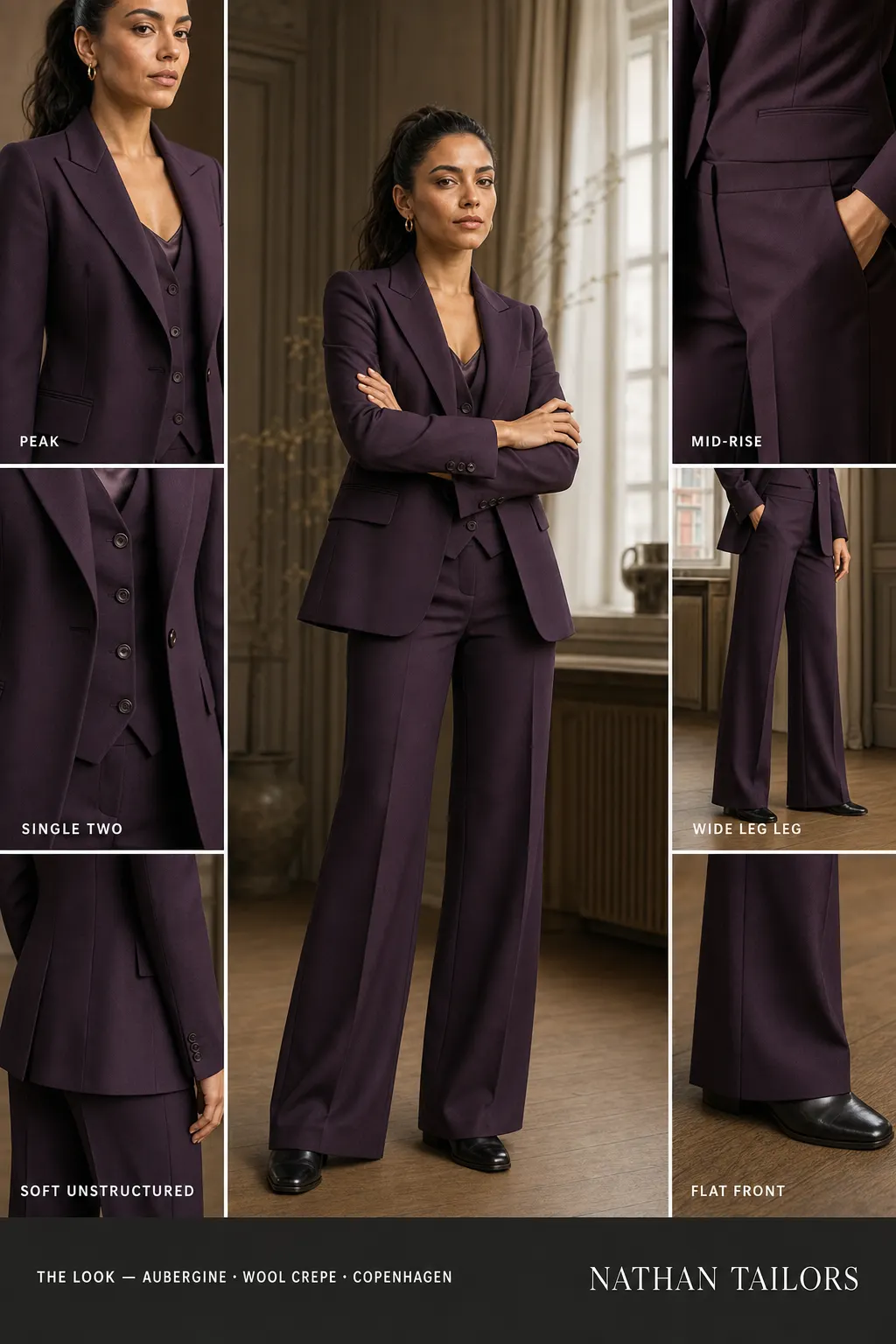 soft unstructured women's pant suit in aubergine — AI-rendered by Nathan Tailors, made to measure for women and shipped worldwide.