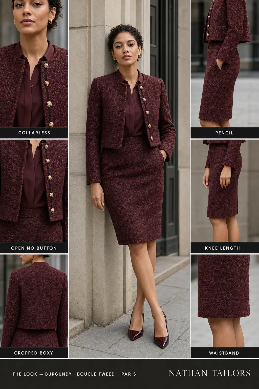 cropped boxy tweed texture women's skirt suit in burgundy — AI-rendered by Nathan Tailors, made to measure for women and shipped worldwide.
